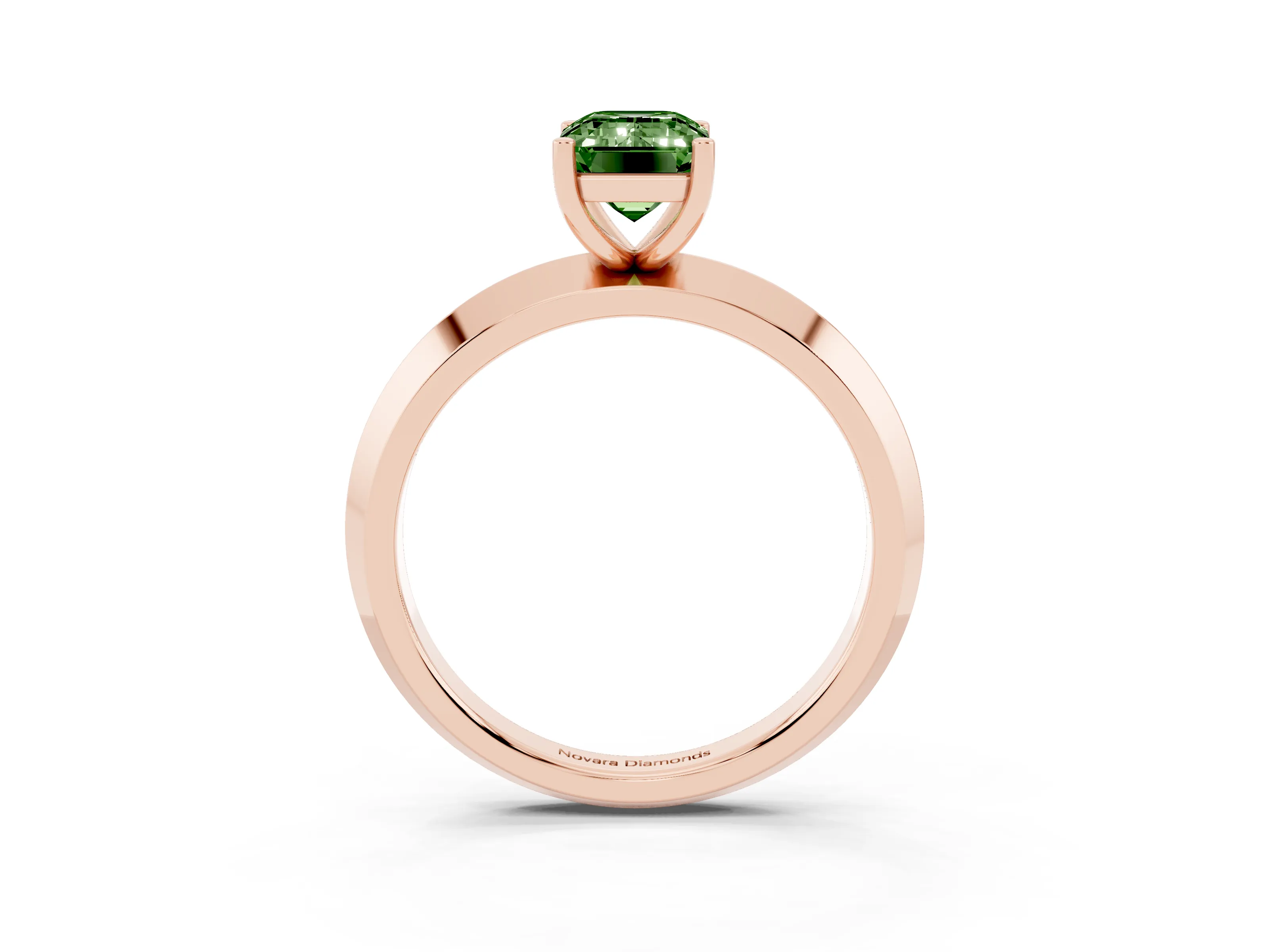 Fancy Green Emerald Cut Diamond Solitaire Engagement Ring Set in Rose gold with Flat Band and Prong Setting