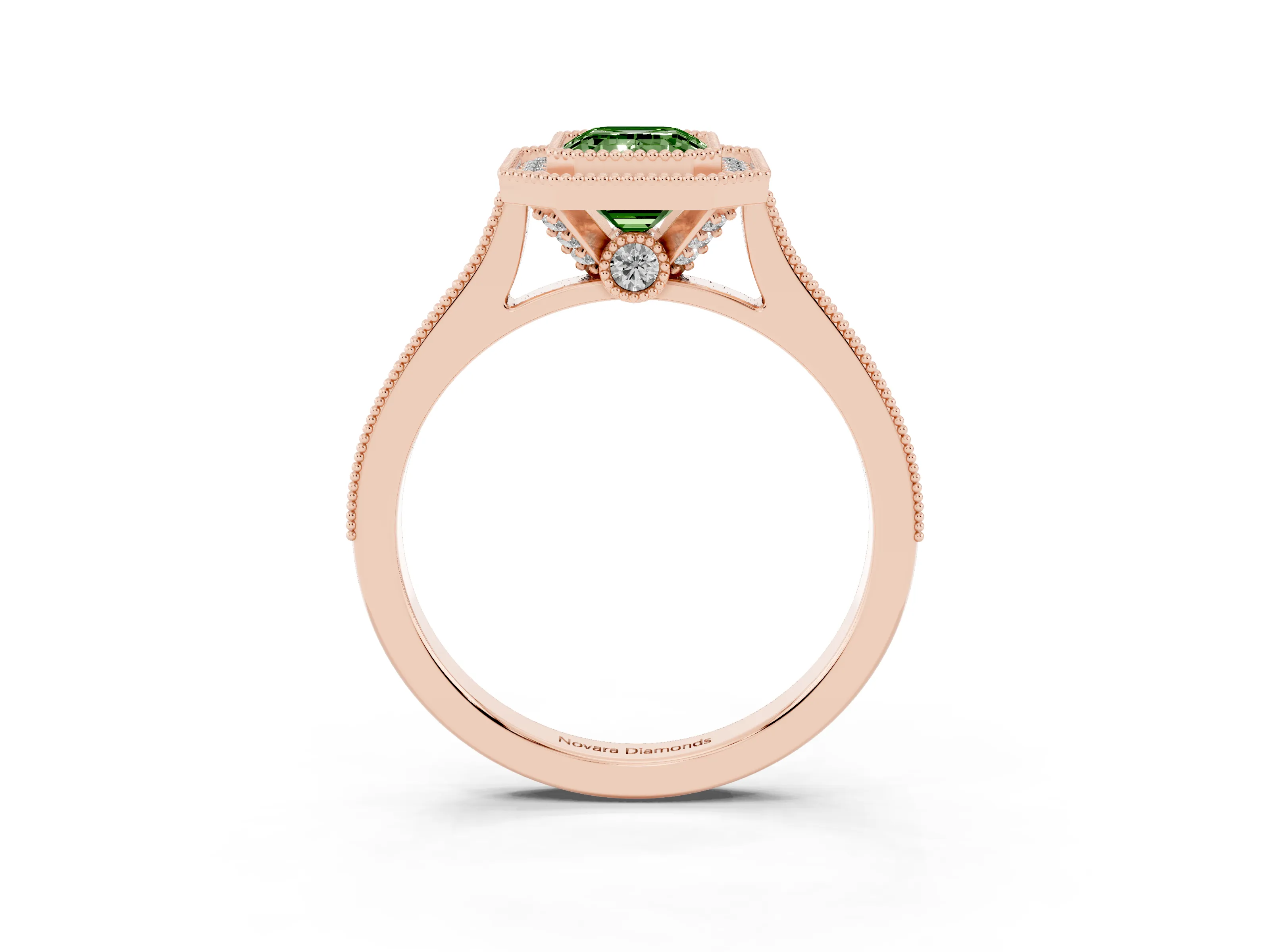 Fancy Green Emerald Cut Diamond Halo Milgrain Pavé Band Ring Set in Rose gold with Prong Setting