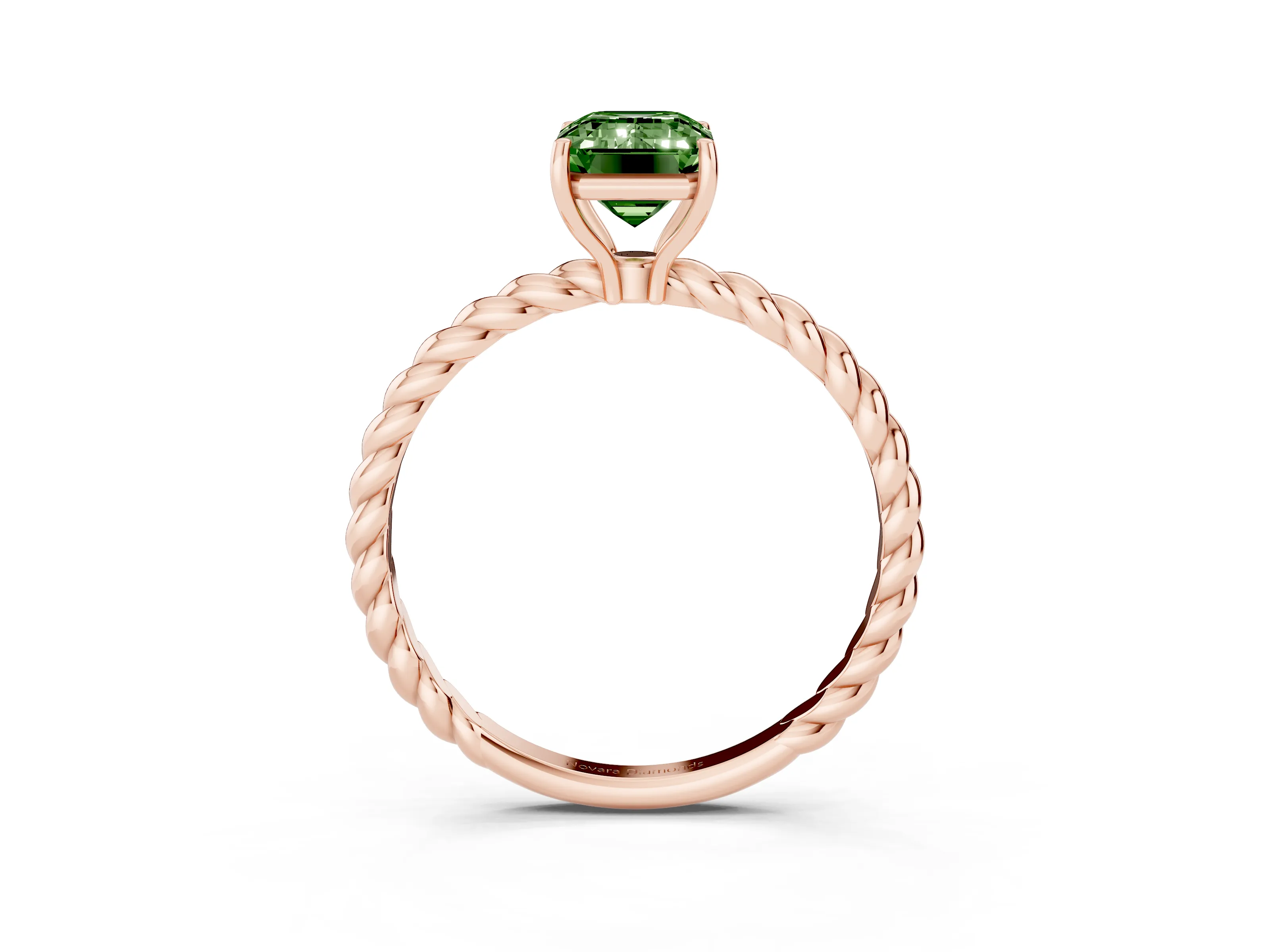 Fancy Green Emerald Cut Diamond Solitaire Ring Set in Rose gold with Twist Band and Prong Setting