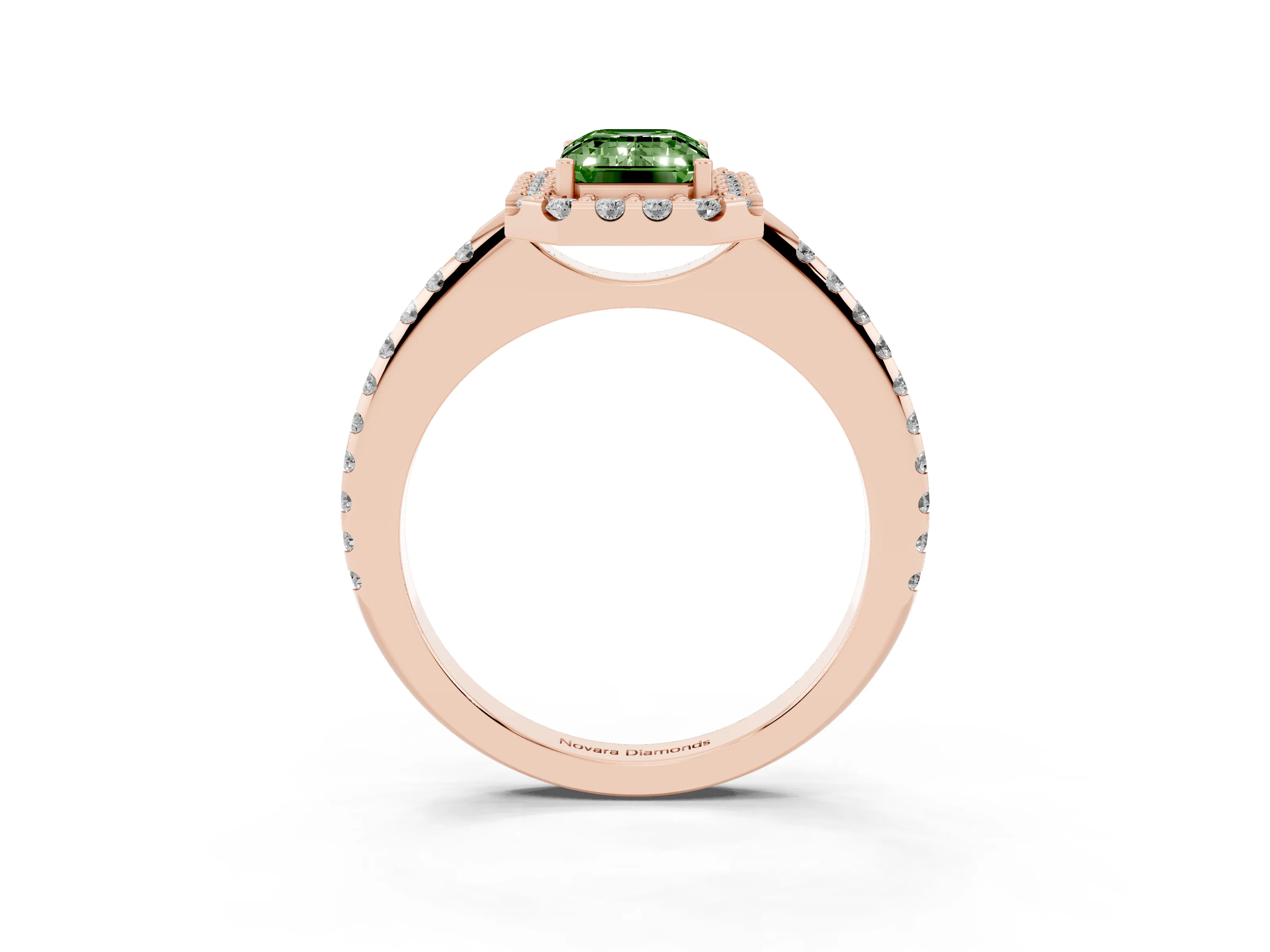 Fancy Green Emerald Cut Diamond Pavé Halo Ring Set in Rose gold with Prong Setting