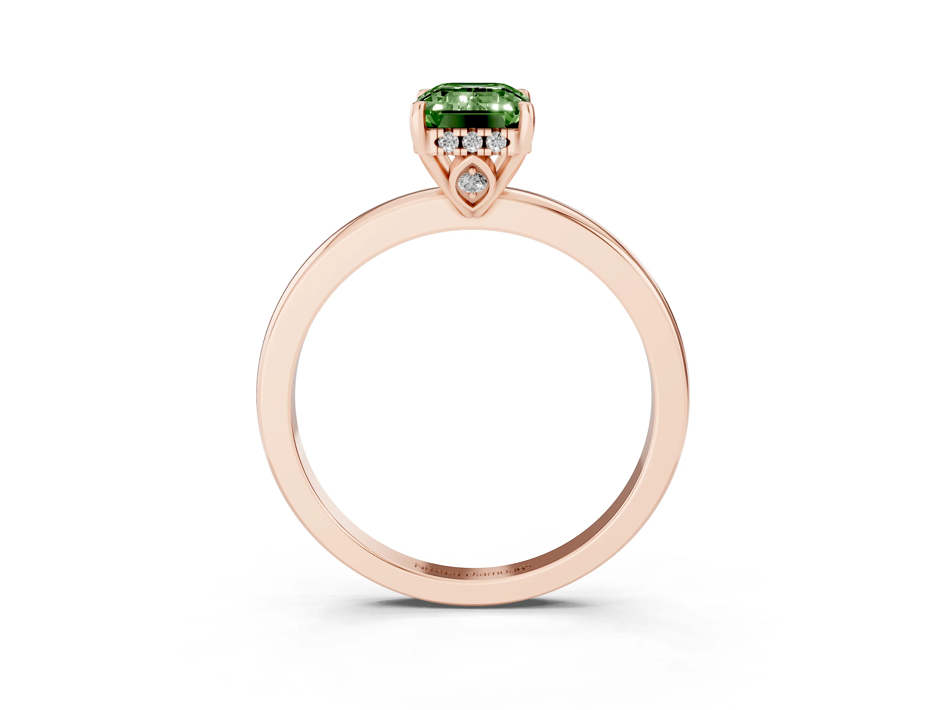 Fancy Green Emerald Cut Diamond Solitaire Ring Set in Rose gold with Plain Band and Prong Setting