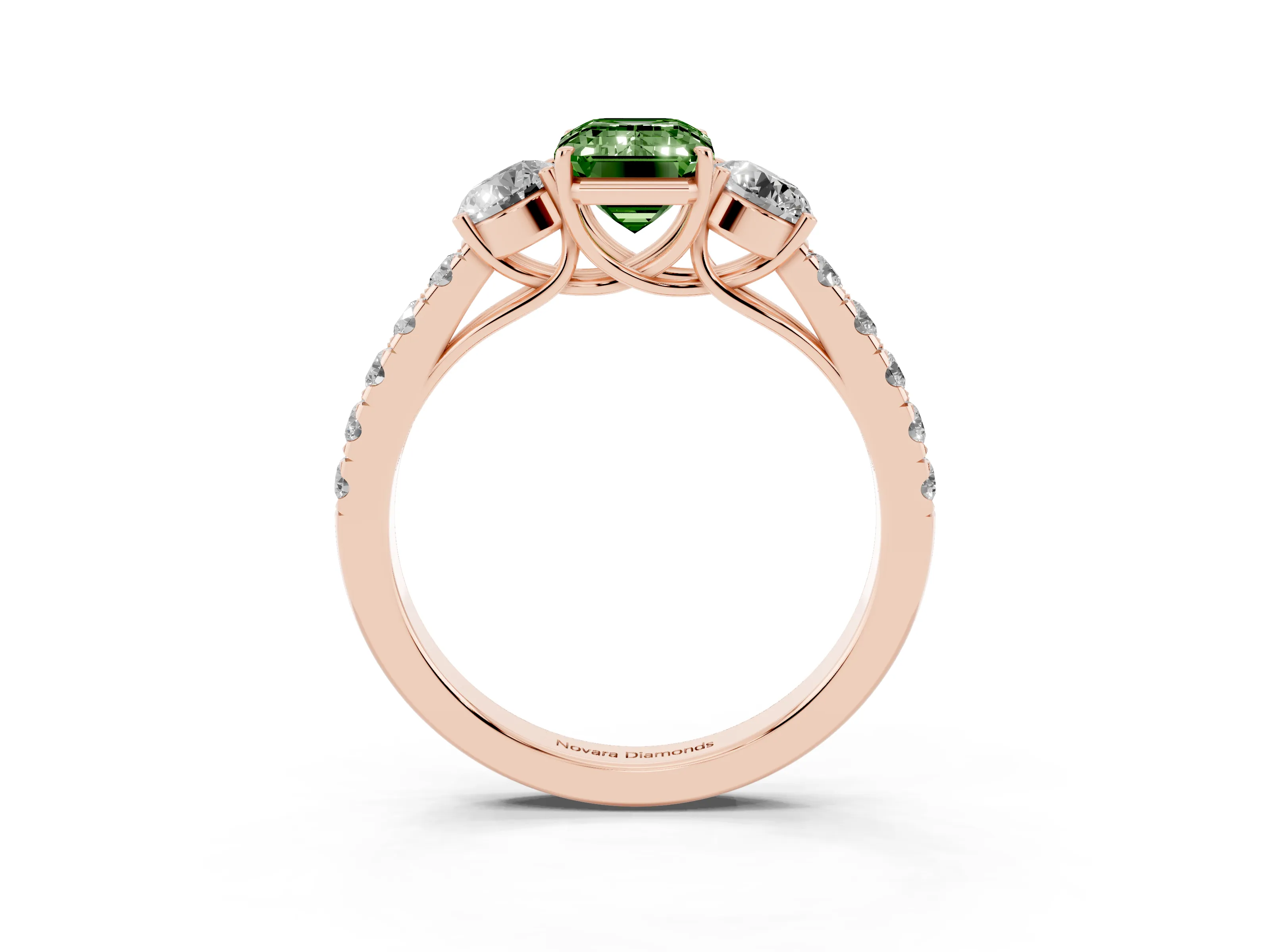 Fancy Green Emerald Cut Diamond Three-Stone Ring Set in Rose gold with Round Side Stones and Delicate Pavé Band