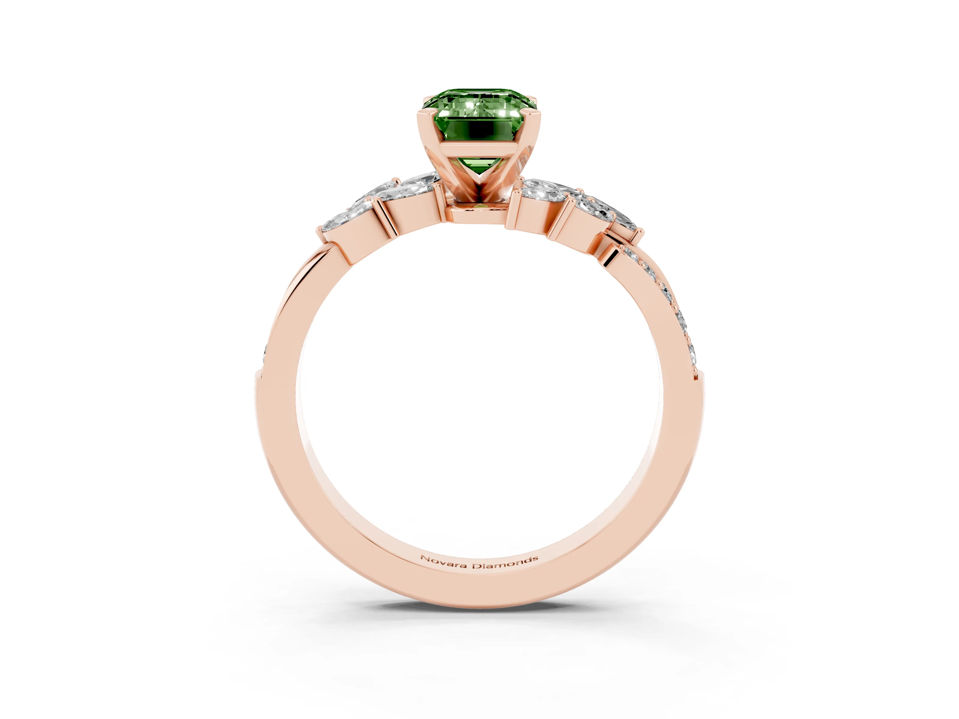 Fancy Green Emerald Cut Diamond Solitaire Ring Set in Rose gold with Marquise Twist Band and Prong Setting