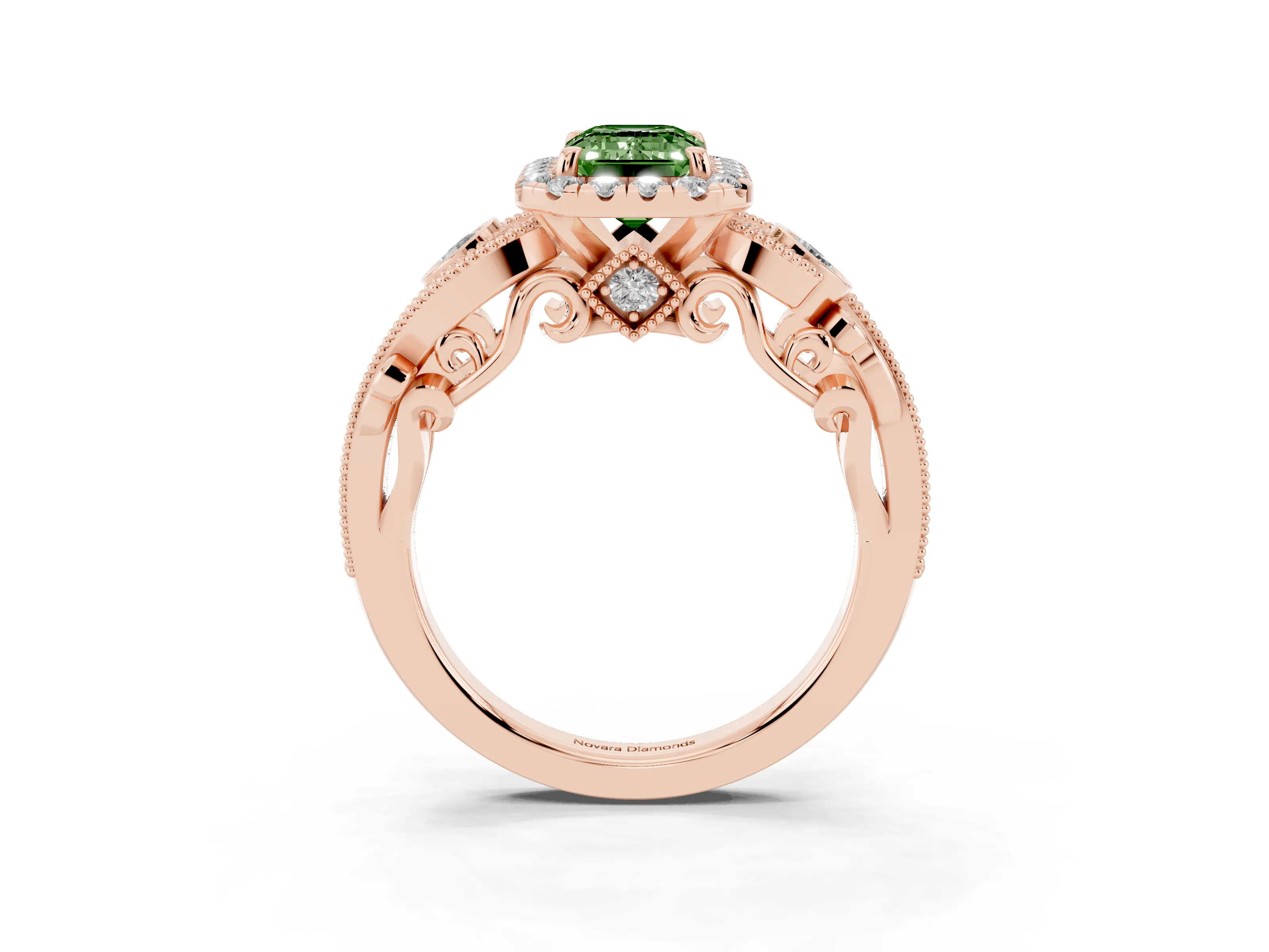 Fancy Green Emerald Cut Diamond Halo Ring Set in Rose gold with Milgrain Pavé Band and Prong Setting