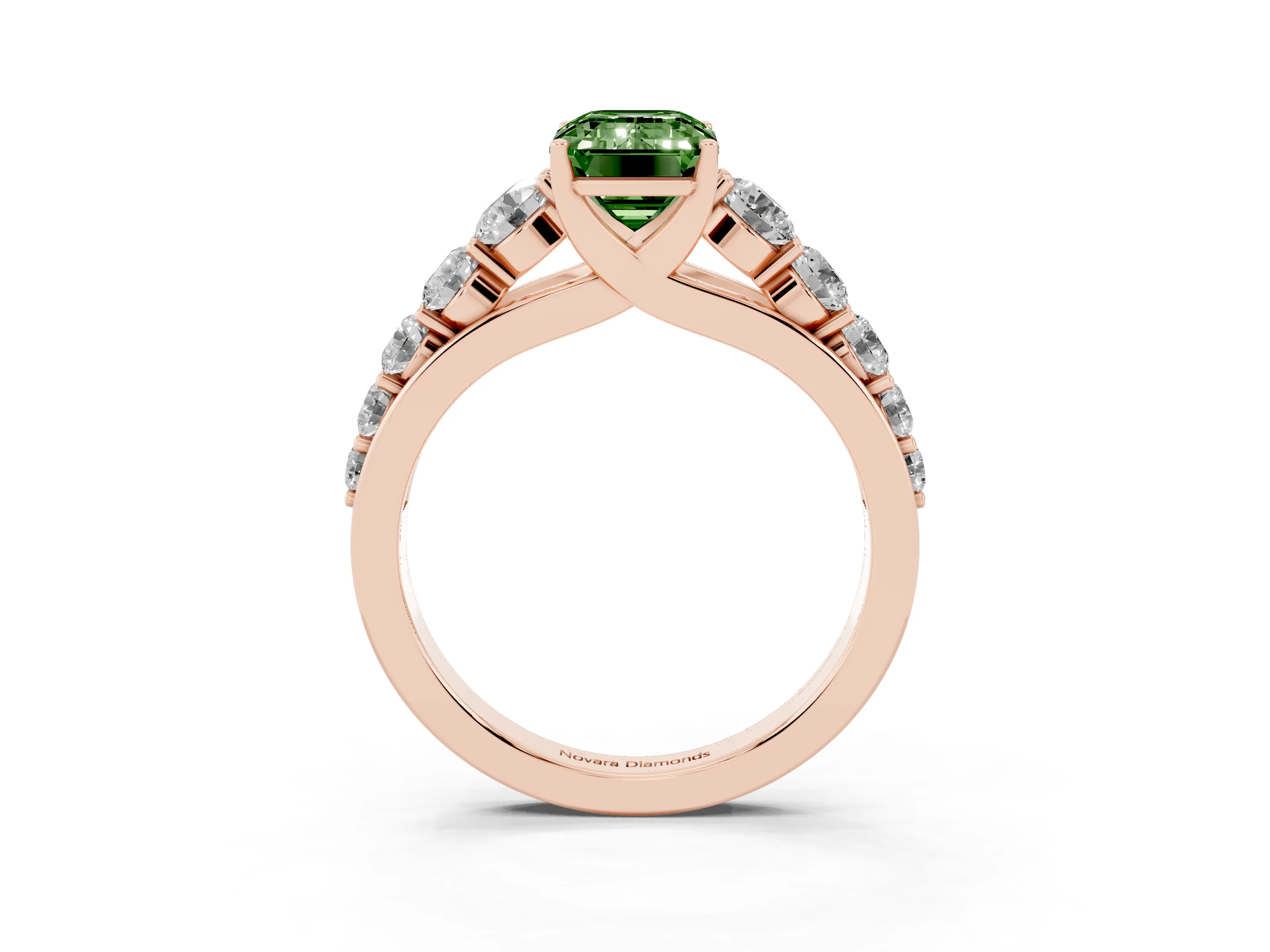 Fancy Green Emerald Cut Diamond Solitaire Ring Set in Rose gold with Pavé-Set Band and Prong Setting