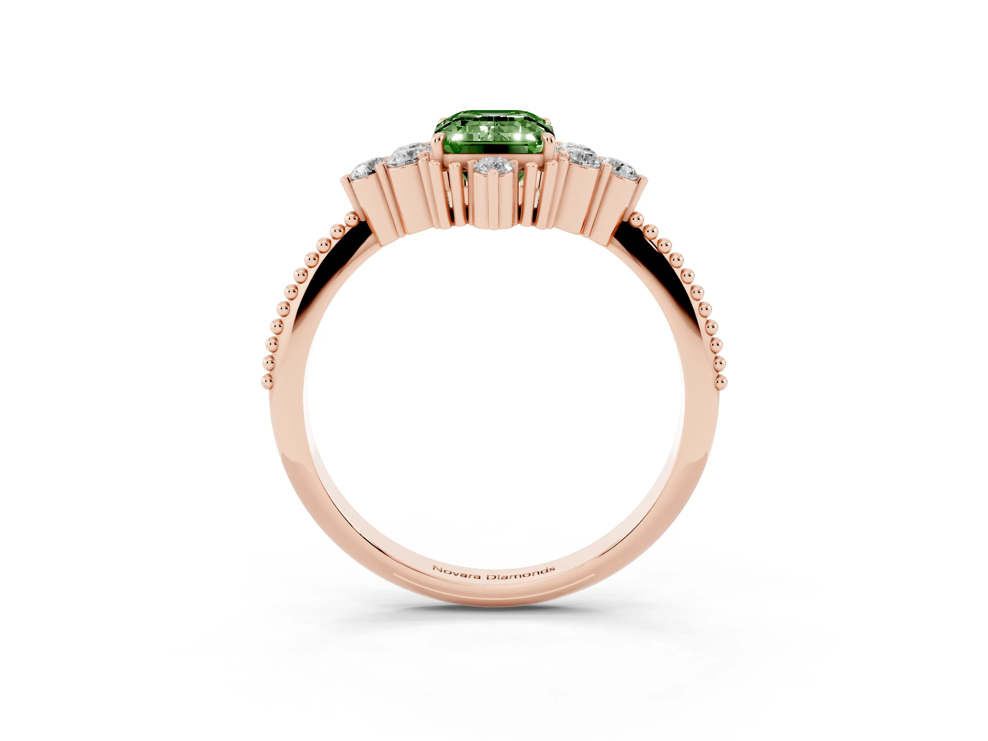 Fancy Green Emerald Cut Diamond Cluster Ring Set in Rose gold with Beaded Band