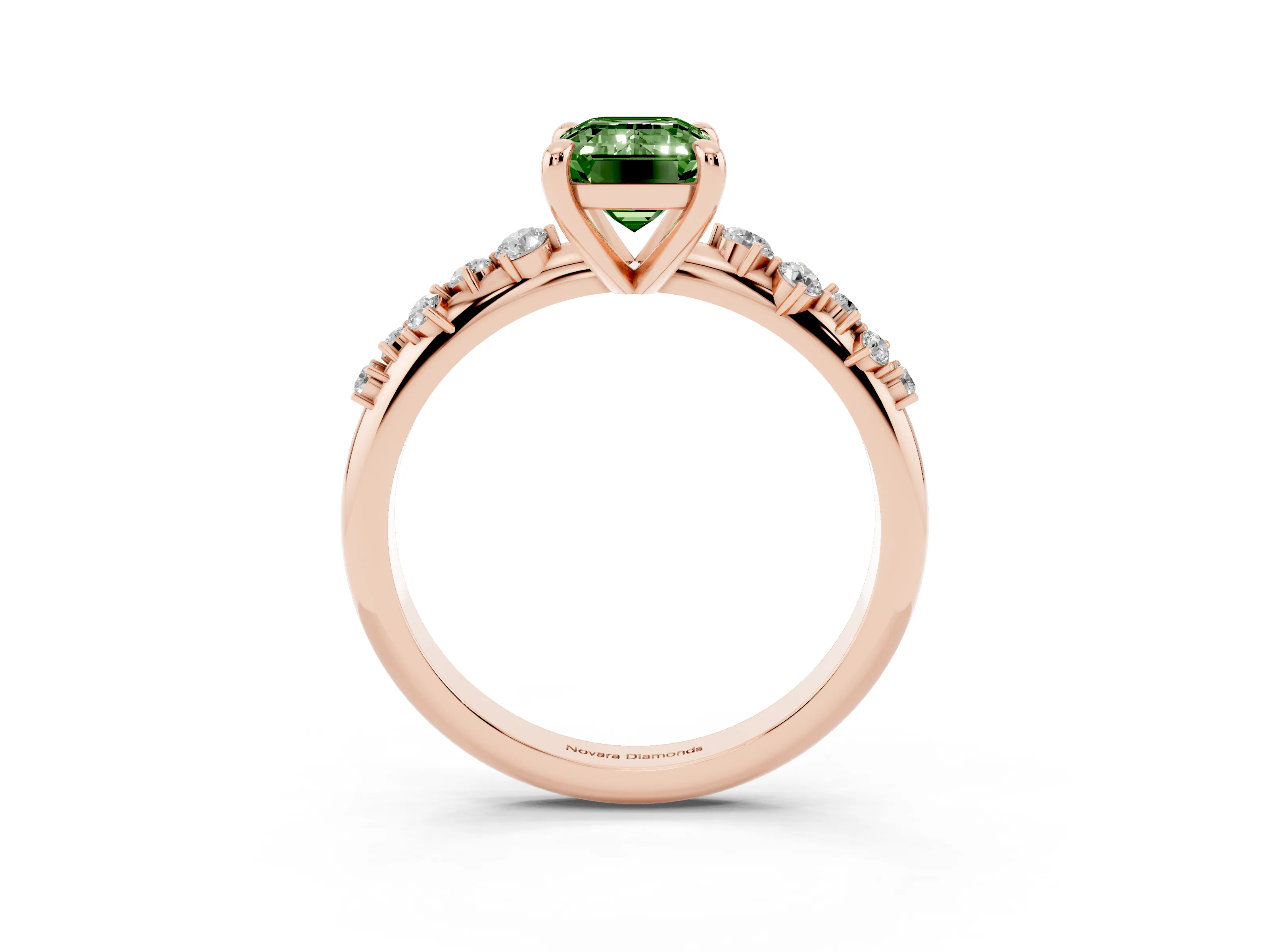 Fancy Green Emerald Cut Diamond Solitaire Vine Band Ring Set in Rose gold with Round Accents and Prong Setting