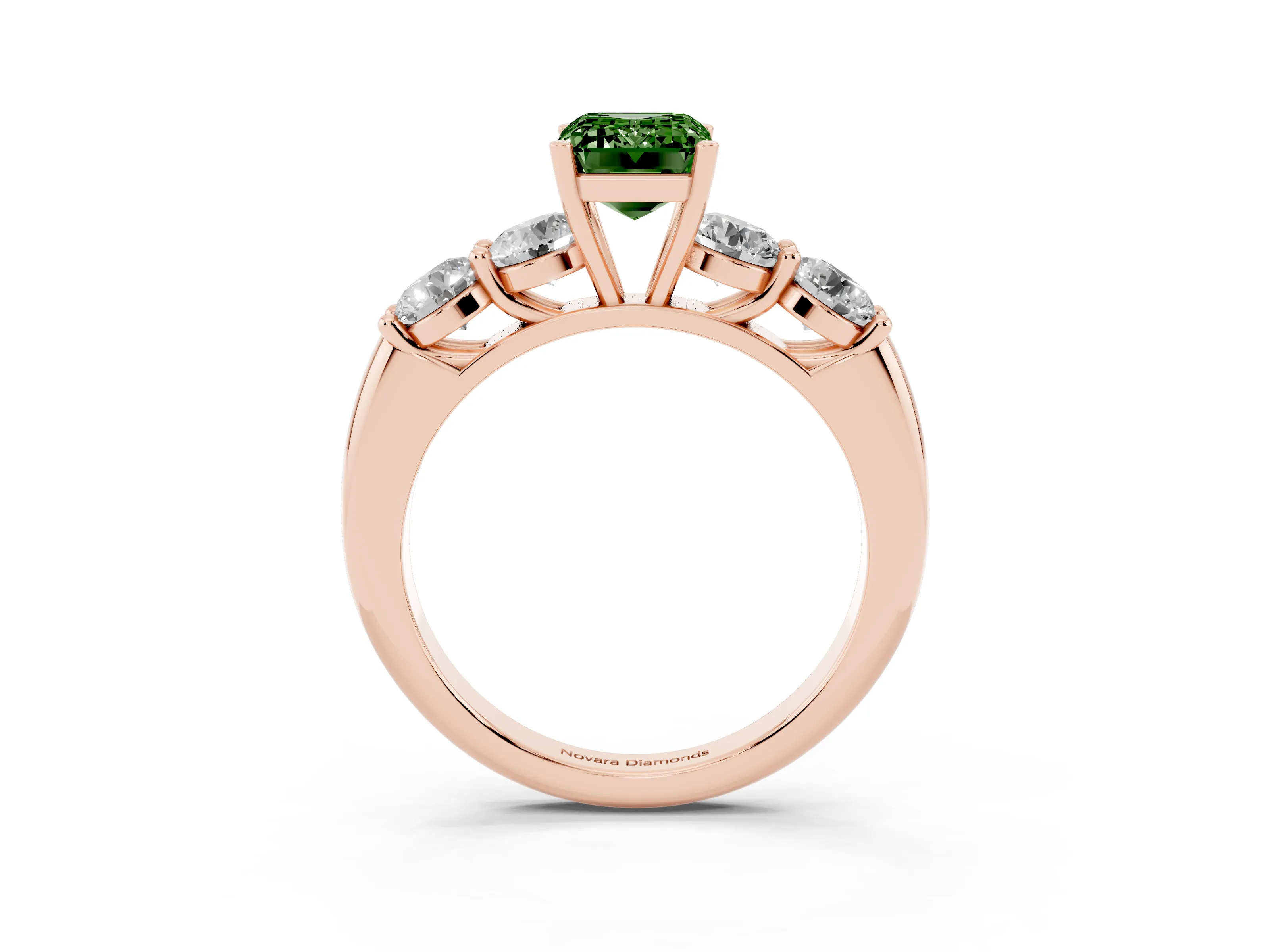 Fancy Green Emerald Cut Diamond Five-Stone Prong Set Ring Set in Rose gold with Classic Band