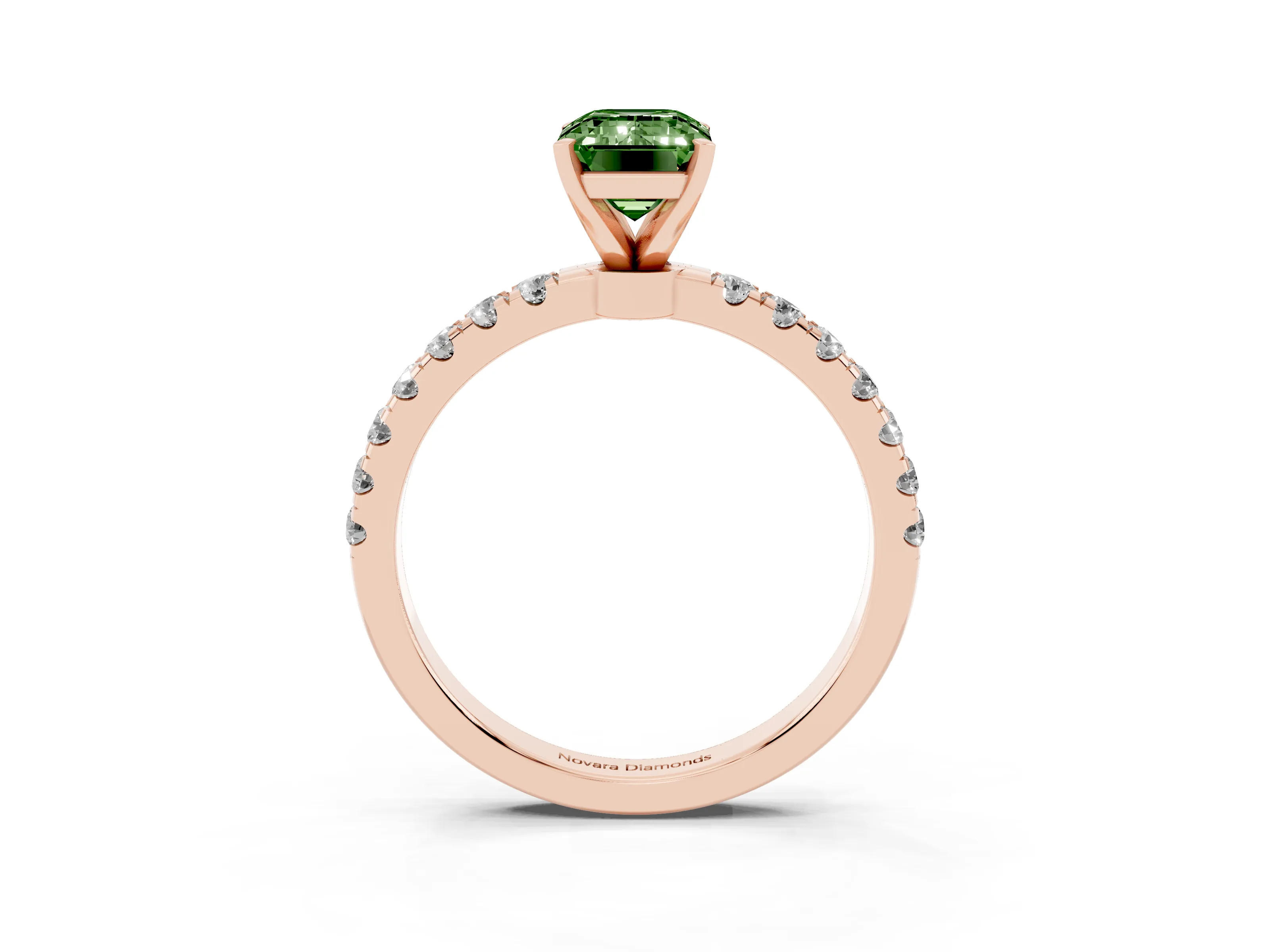 Fancy Green Emerald Cut Diamond Solitaire Ring Set in Rose gold with Pavé Accents and Prong Setting