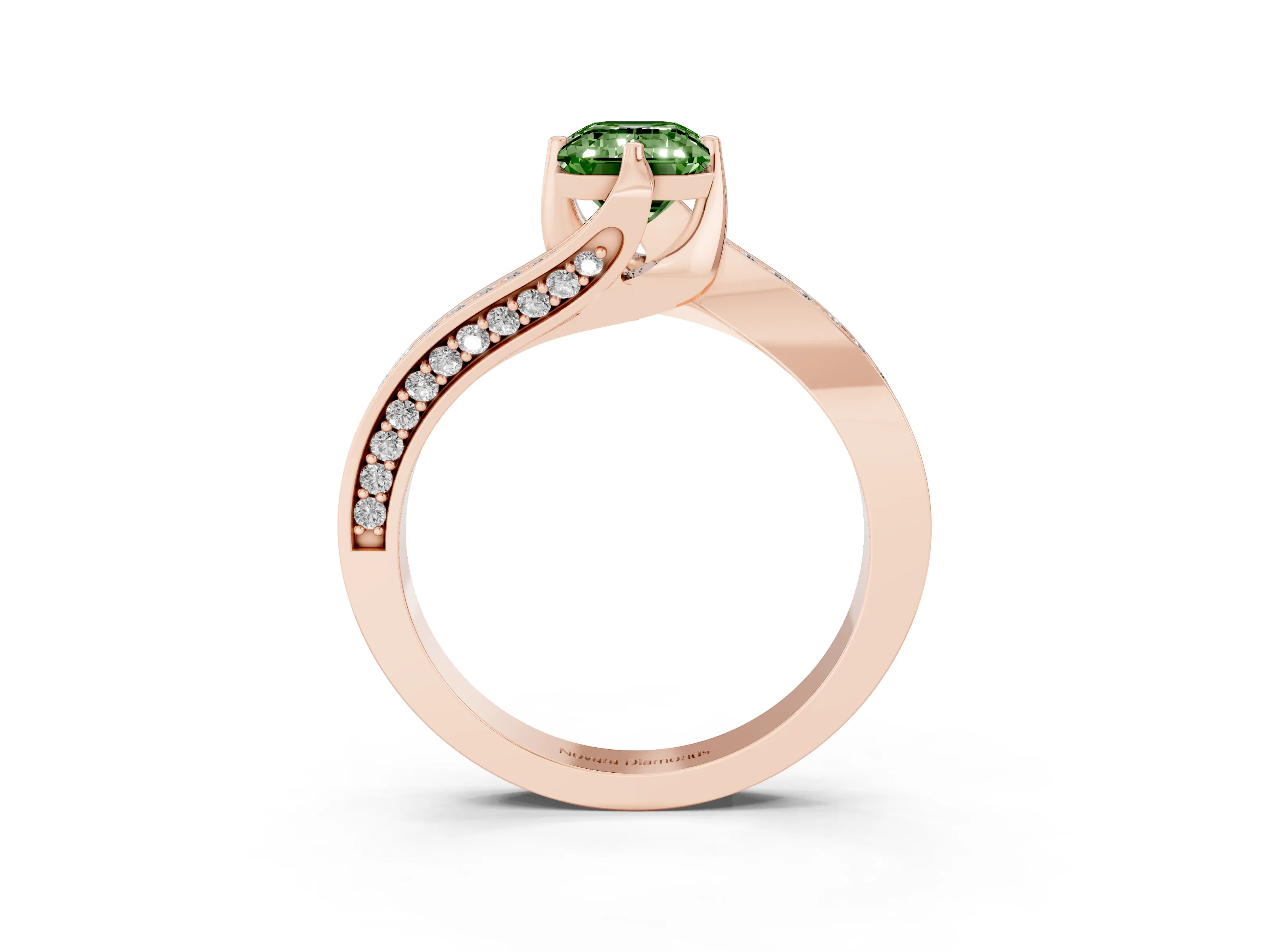 Fancy Green Emerald Cut Diamond Solitaire Ring Set in Rose gold with Intertwined Pavé Twist Band