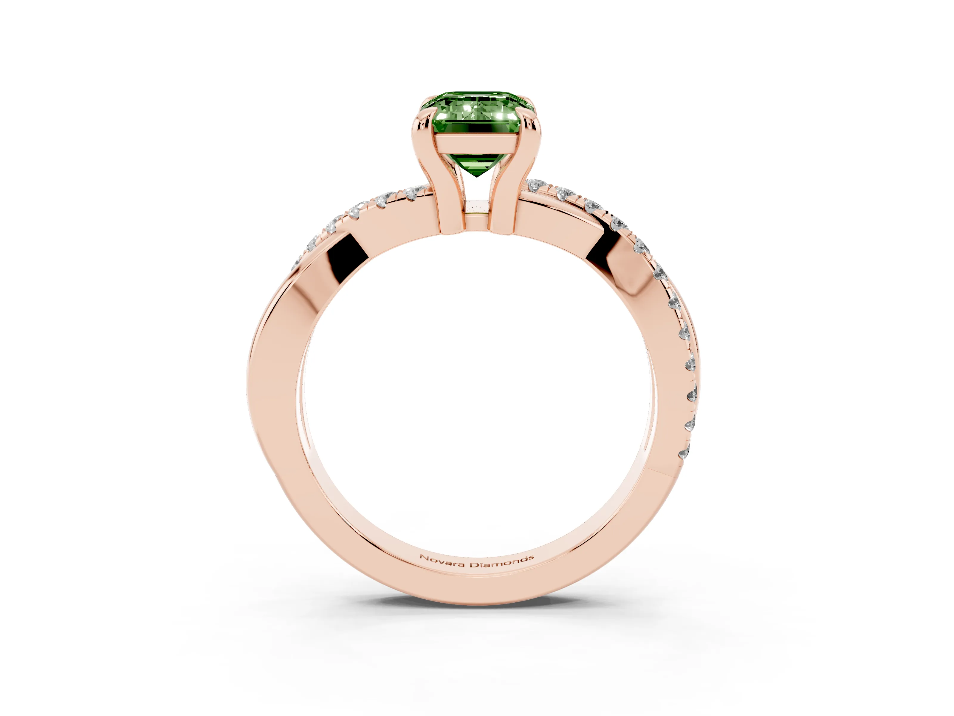 Fancy Green Emerald Cut Diamond Twist Band Solitaire Set in Rose gold with Pavé Accents and Prong Setting
