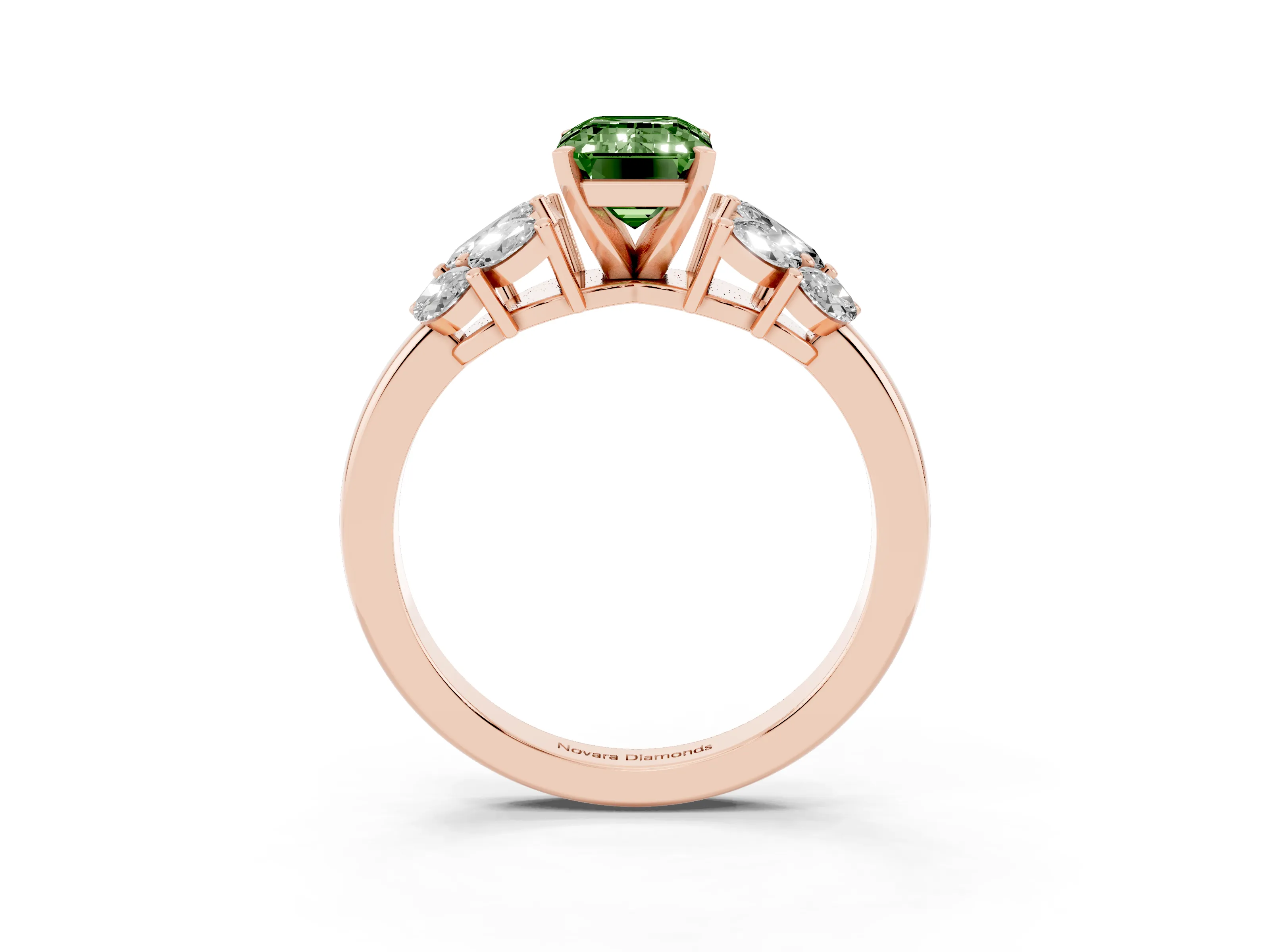 Fancy Green Emerald Cut Diamond Cluster Leaf Design Ring Set in Rose gold with Prong Setting