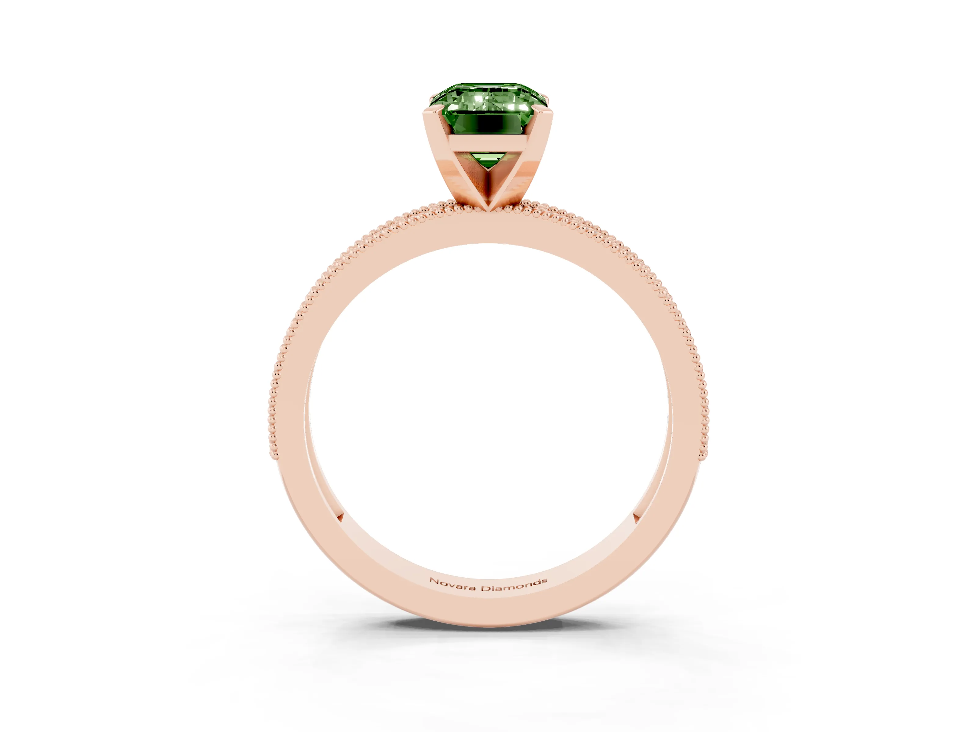 Fancy Green Emerald Cut Diamond Milgrain Pavé Engagement Ring Set in Rose gold with Prong Setting