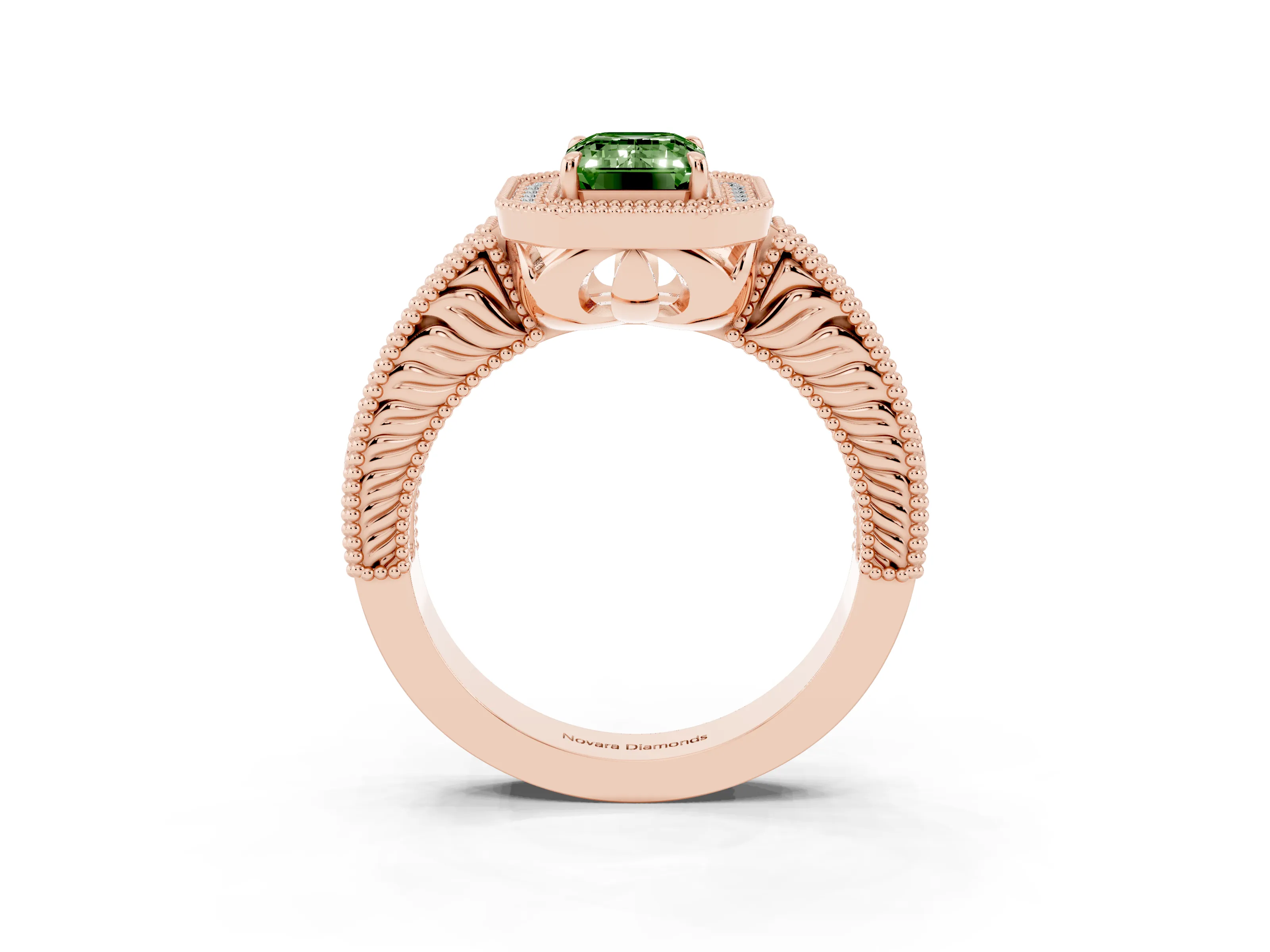 Fancy Green Emerald Cut Diamond Halo Ring Set in Rose gold with Round Accent Halo, Pavé Band and Prong Setting