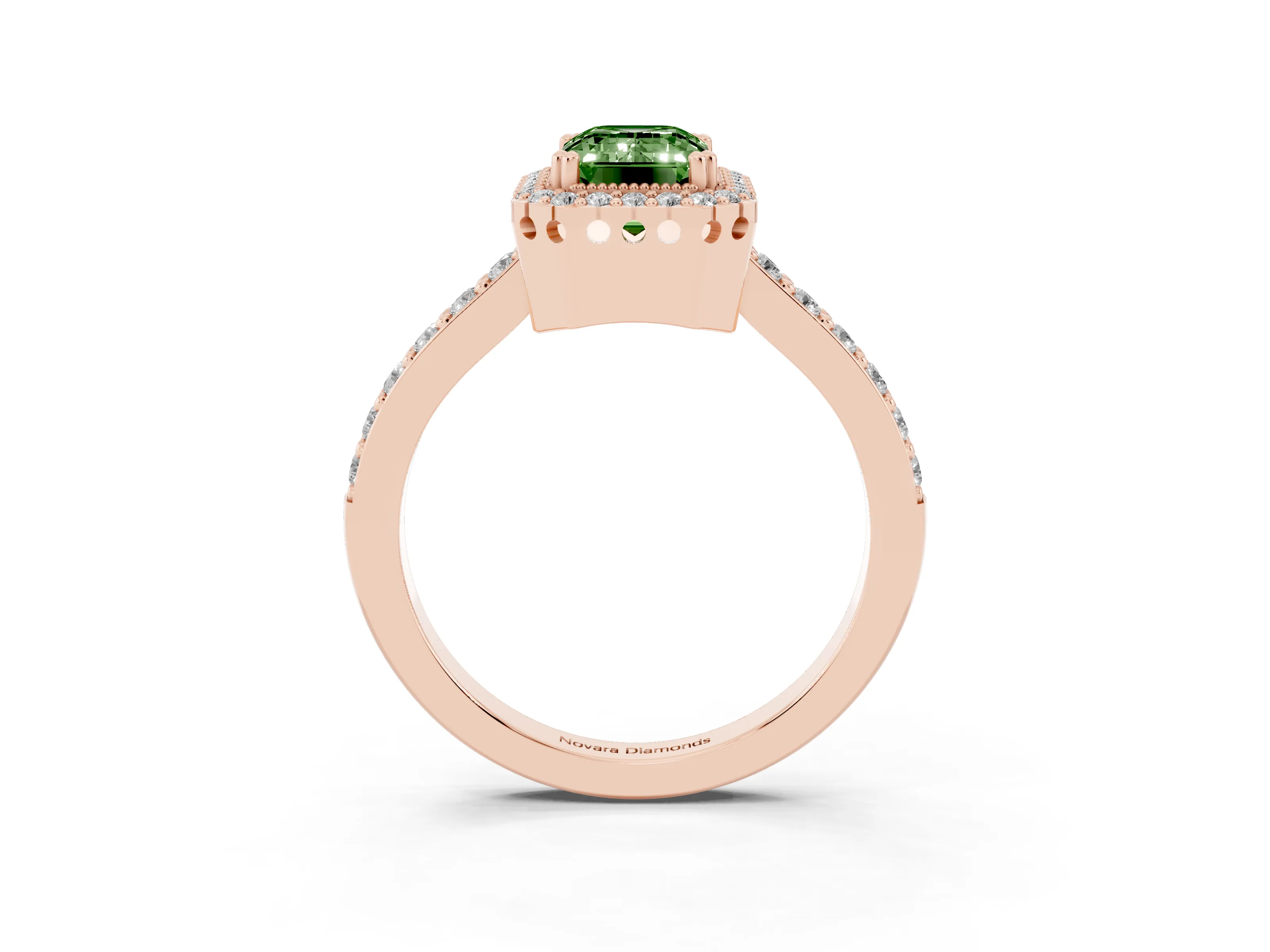 Fancy Green Emerald Cut Diamond Halo Engagement Ring Set in Rose gold with Milgrain Detail and Pavé Band