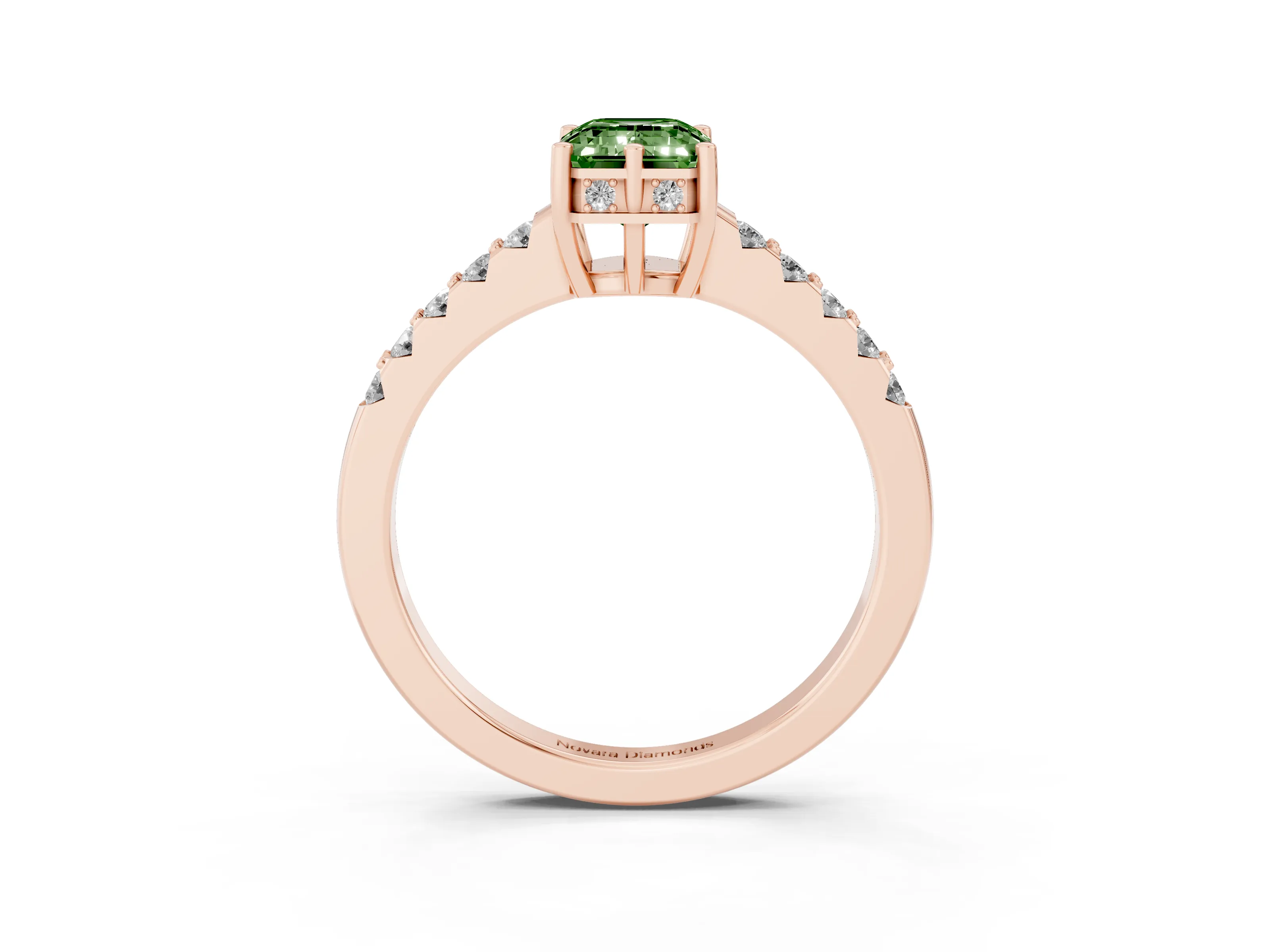 Fancy Green Emerald Cut Diamond Solitaire Engagement Ring Set in Rose gold with Pavé Band and Prong Setting