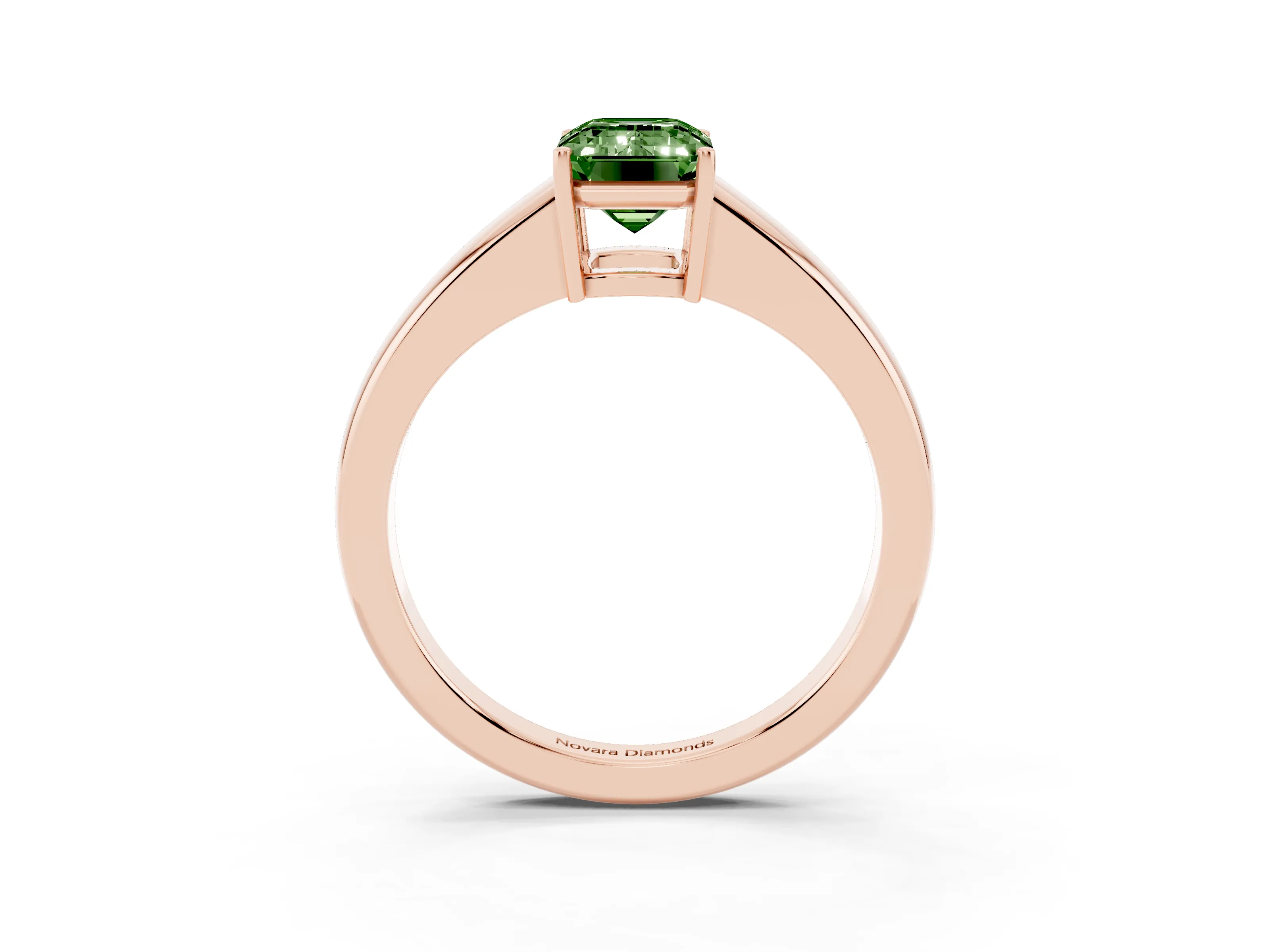 Fancy Green Emerald Cut Diamond Solitaire Ring Set in Rose gold with Tapered Band and Prong Setting