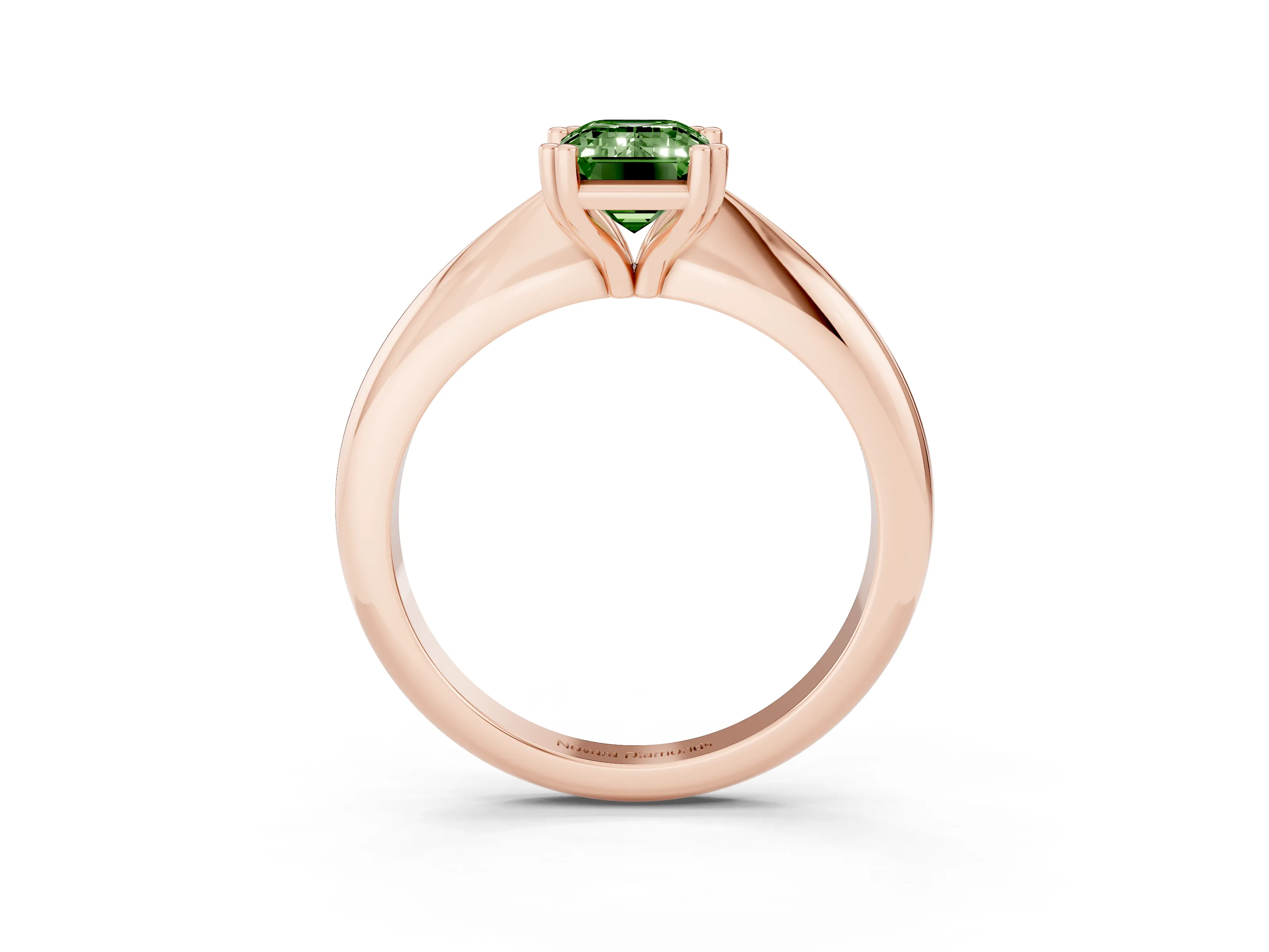 Fancy Green Emerald Cut Diamond Solitaire Engagement Ring Set in Rose gold with Tapered Band and Prong Setting