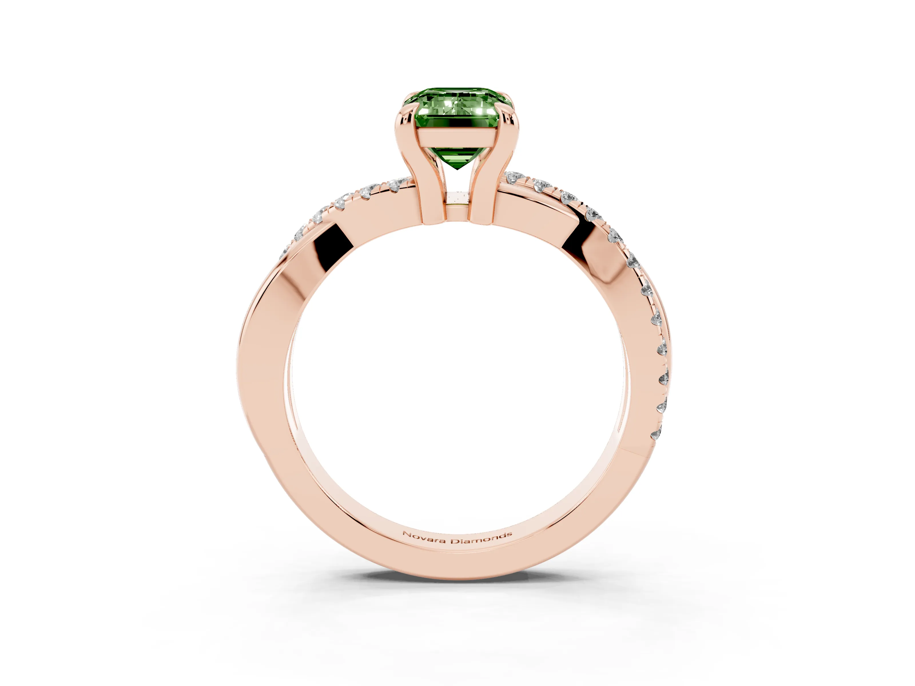 Fancy Green Emerald Cut Diamond Twist Band Pavé Solitaire Ring Set in Rose gold with Prong Setting