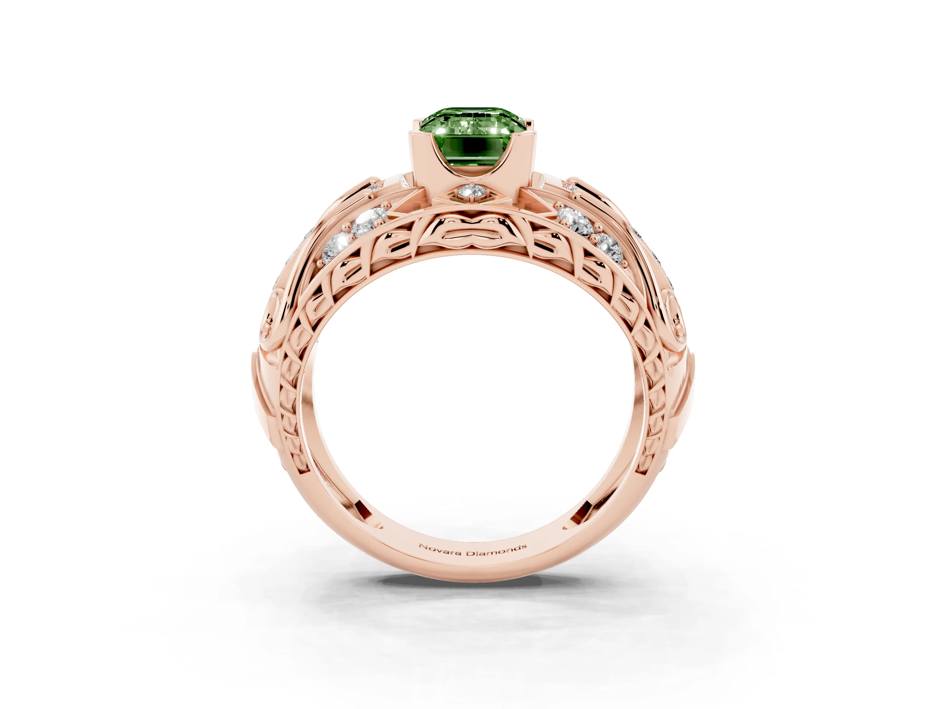 Fancy Green Emerald Cut Diamond Art Deco Ring Set in Rose gold with Pavé Split Shank