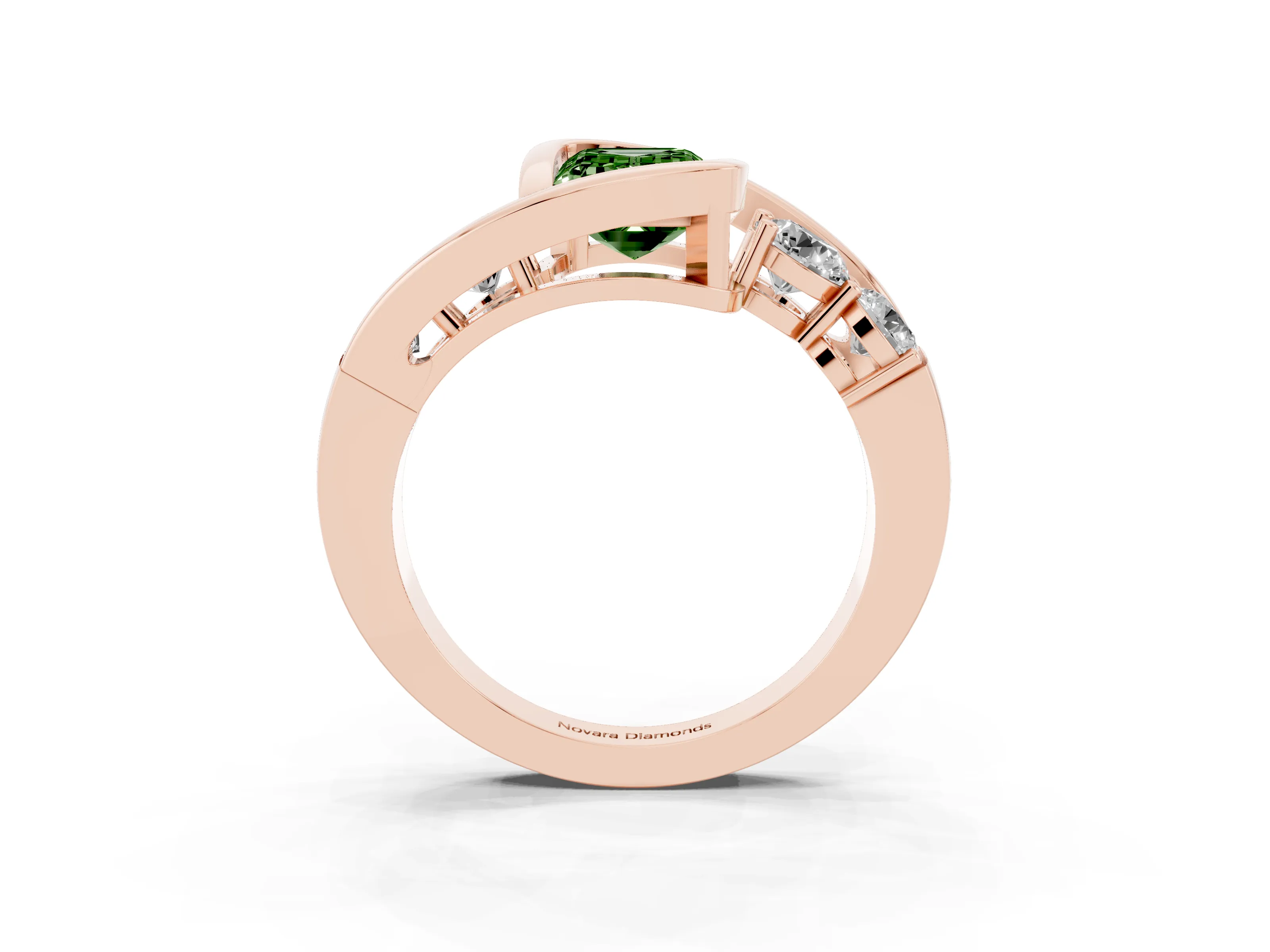 Fancy Green Emerald Cut Diamond Bezel Bypass Ring Set in Rose gold with Round Accents