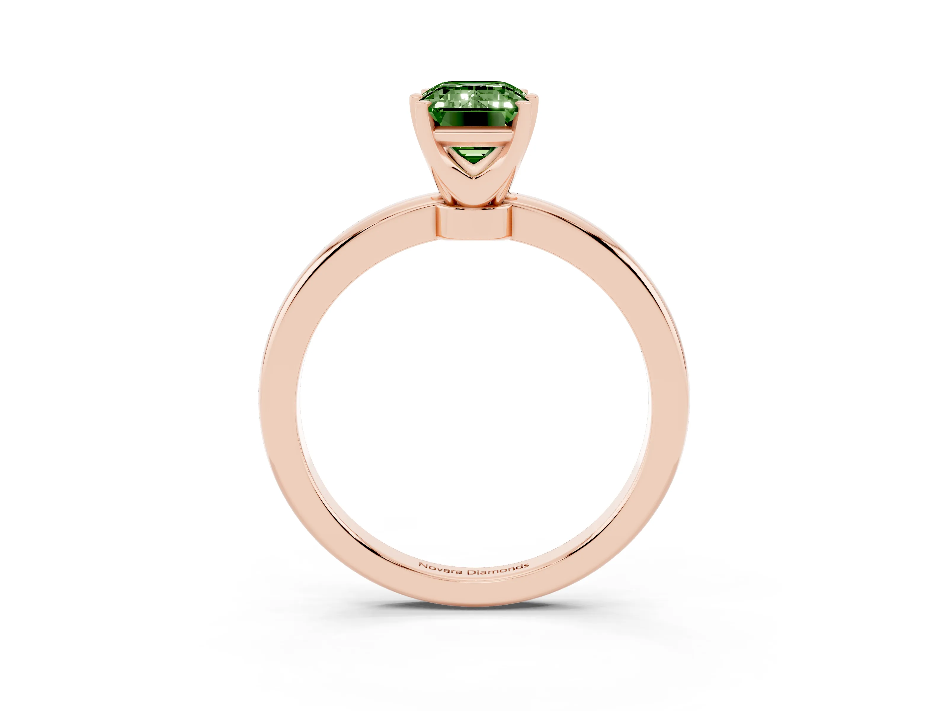 Fancy Green Emerald Cut Diamond Solitaire Ring Set in Rose gold with Raised Prong Setting on a Classic Band