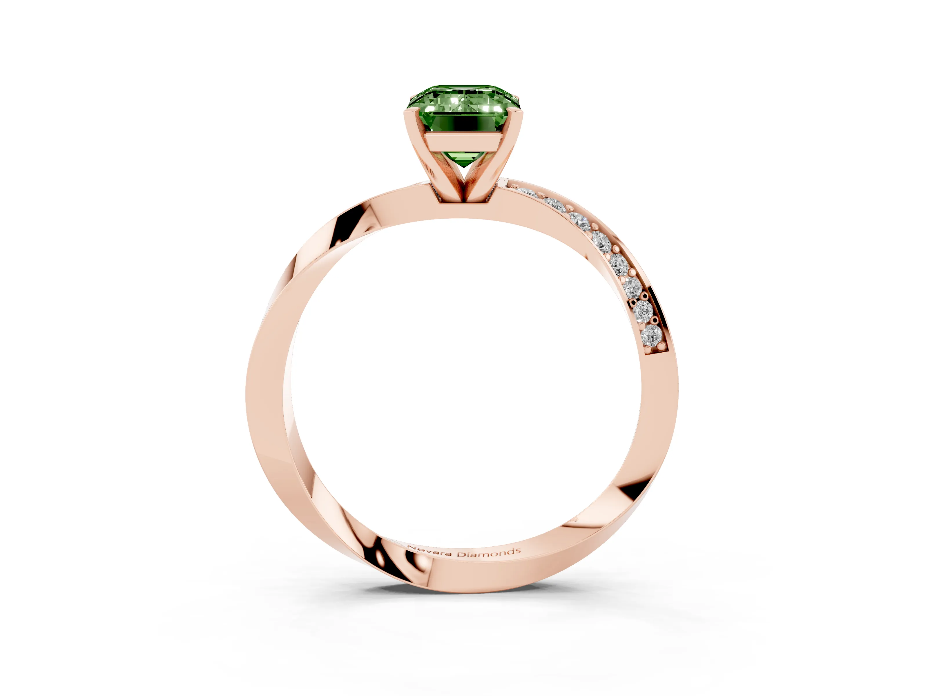 Fancy Green Emerald Cut Diamond Engagement Ring Set in Rose gold with Side Stone Accents and Prong Setting