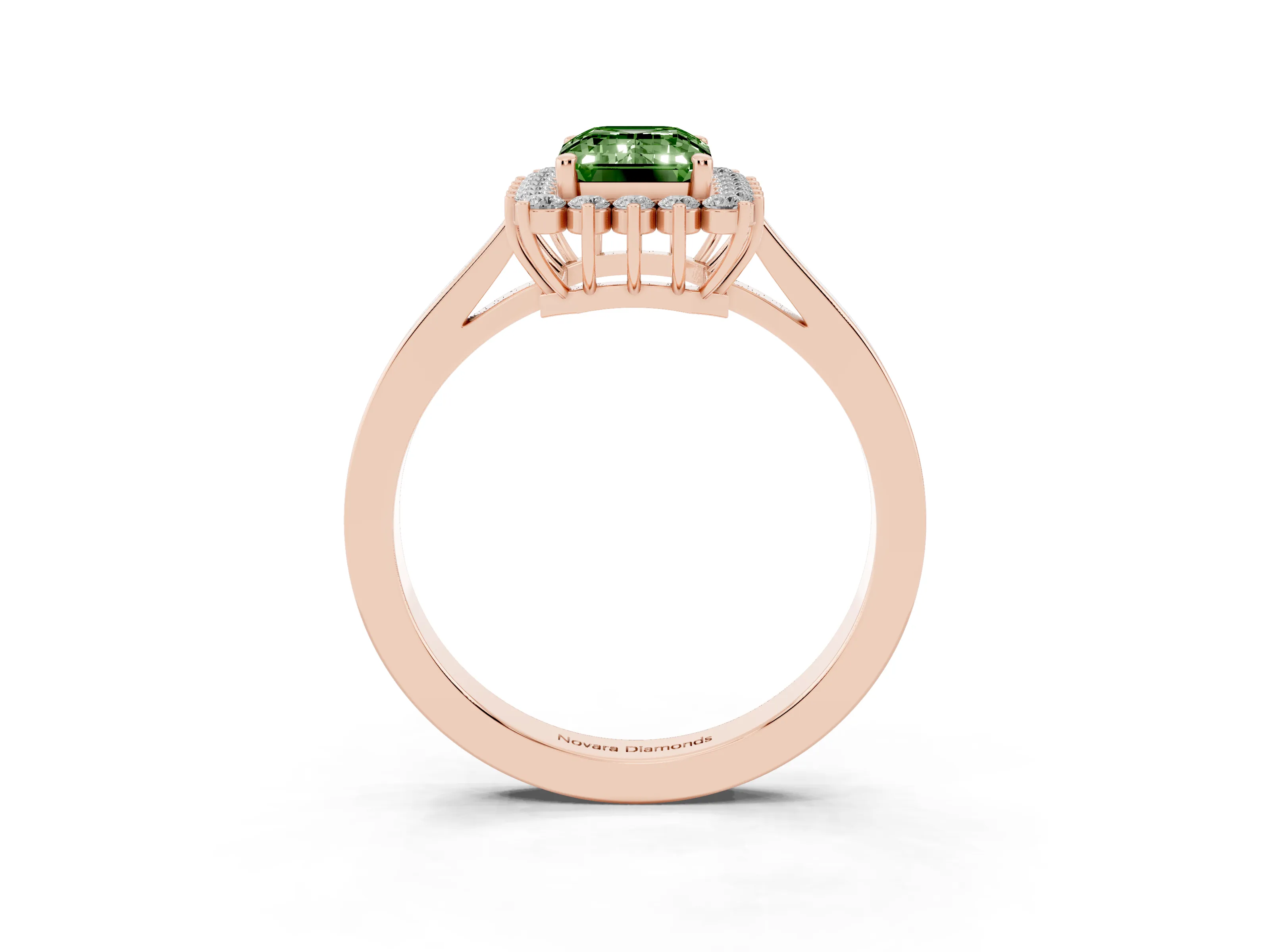 Fancy Green Emerald Cut Diamond Halo Ring Set in Rose gold with Round Halo and Smooth Solitaire Band