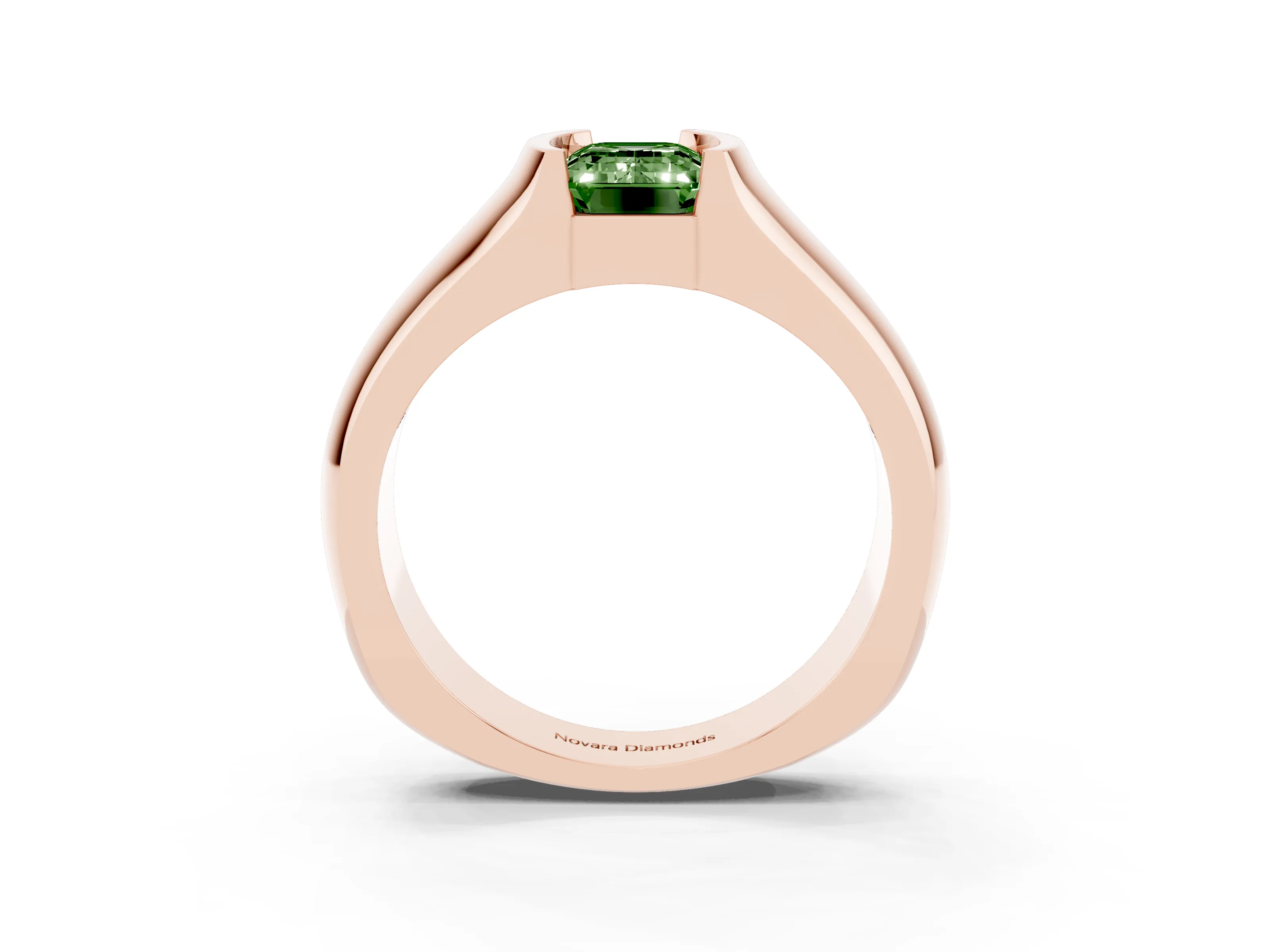 Fancy Green Emerald Cut Diamond Bezel Solitaire Ring Set in Rose gold with Wide Band