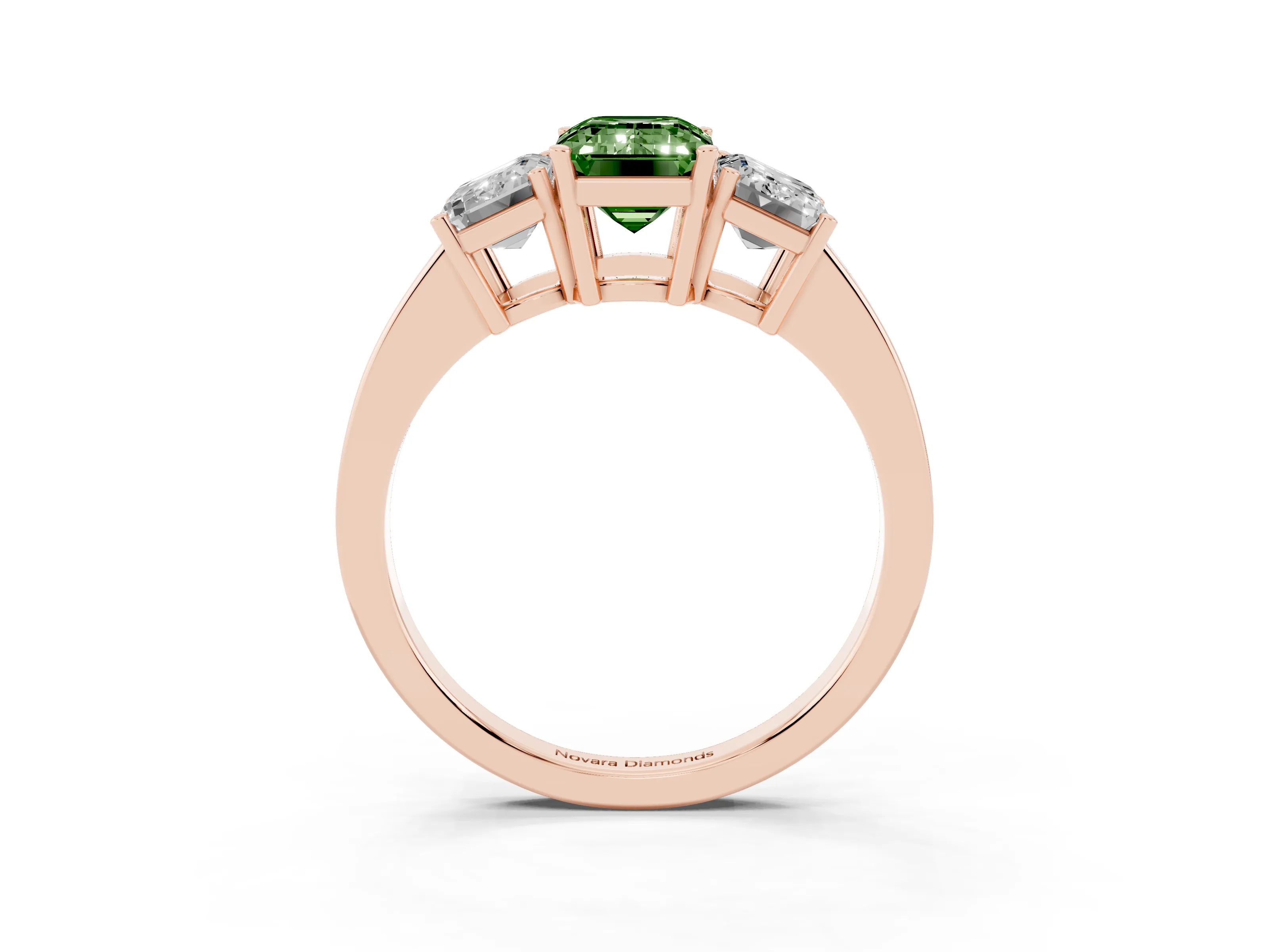 Fancy Green Emerald Cut Diamond Three-Stone Engagement Ring Set in Rose gold with Flat Band