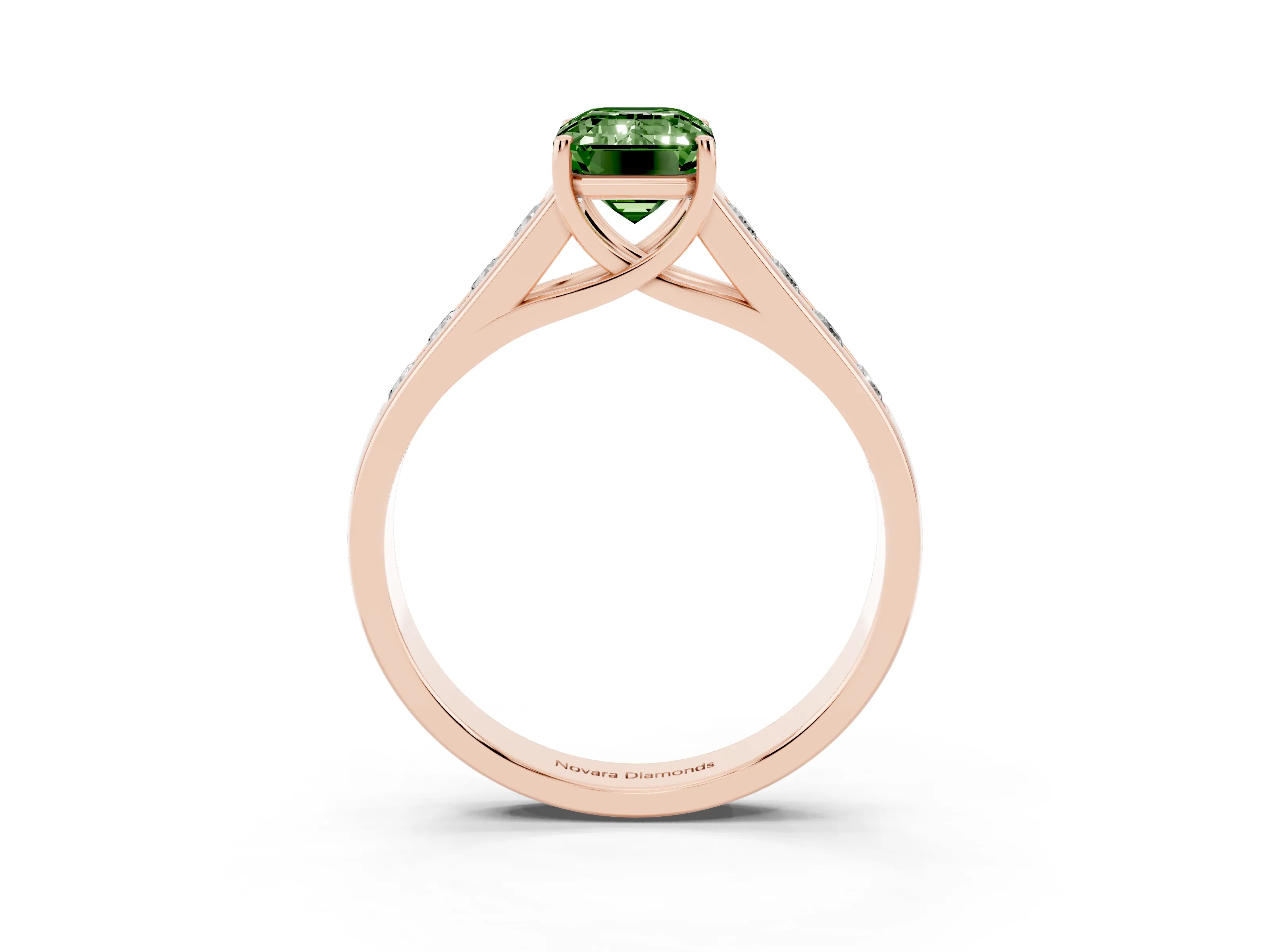 Fancy Green Emerald Cut Diamond Solitaire Channel-Set Engagement Ring Set in Rose gold with Prong Setting