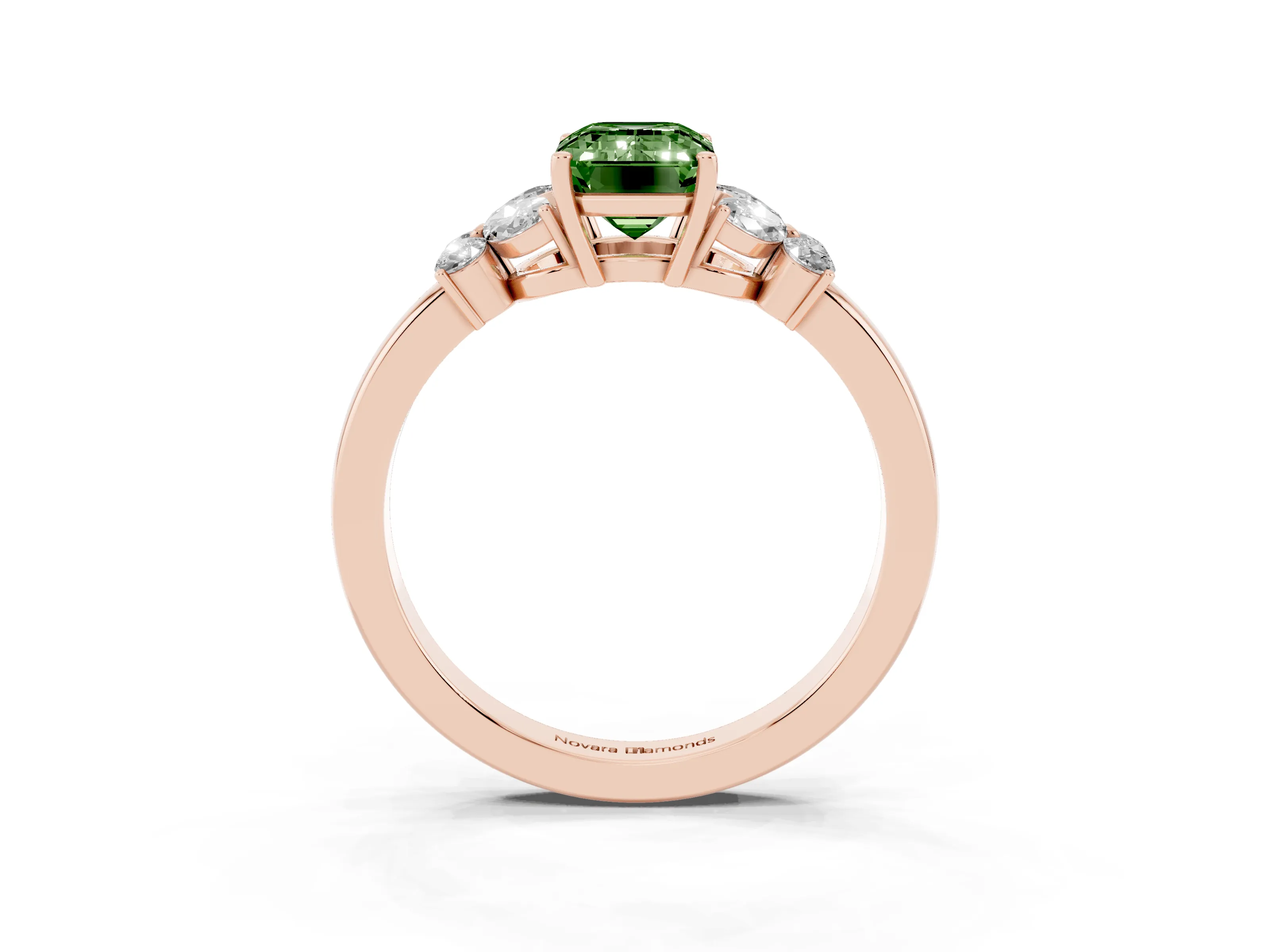 Fancy Green Emerald Cut Diamond Solitaire Floral Ring Set in Rose gold with Marquise Petals and Prong Setting
