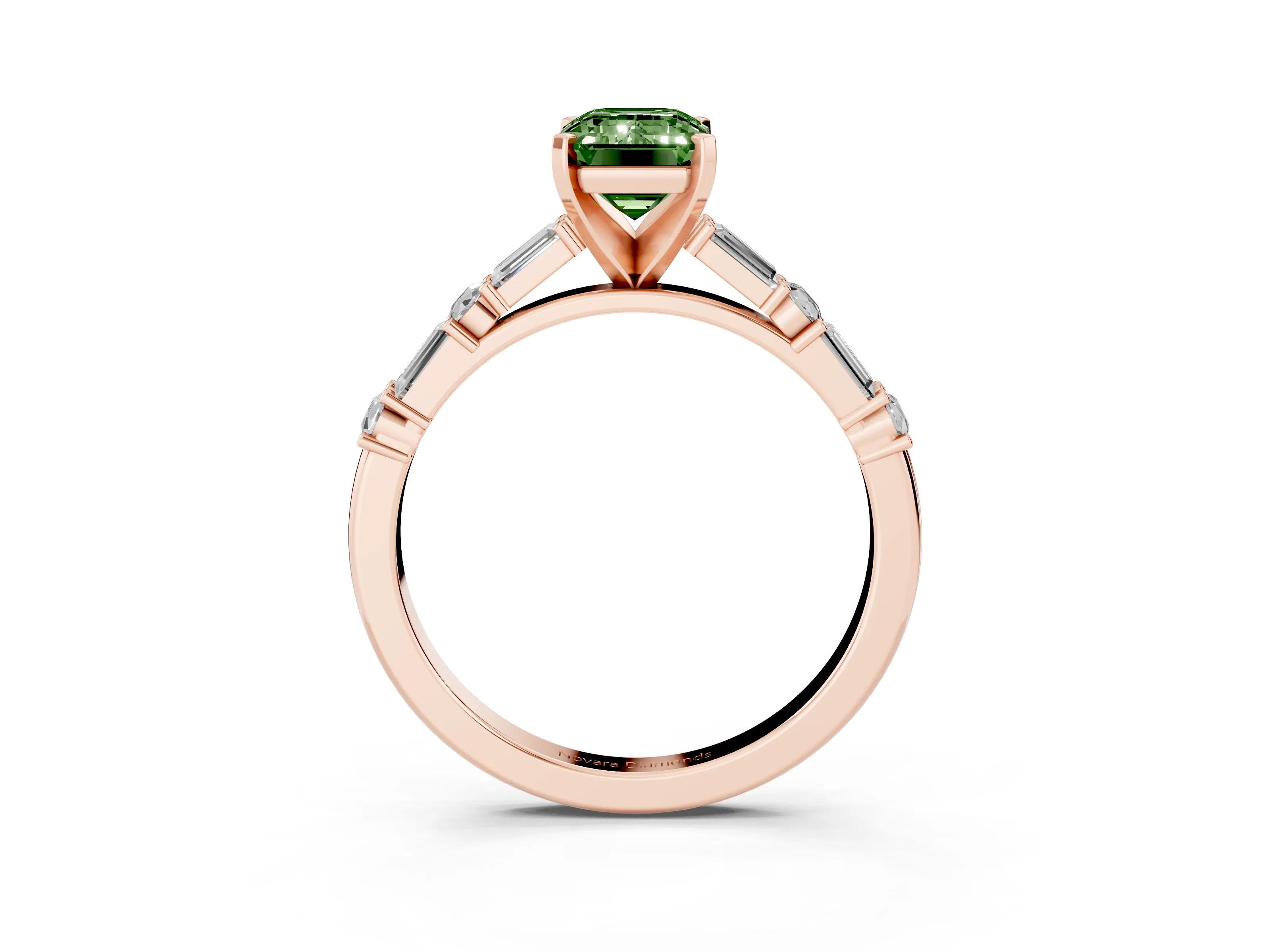 Fancy Green Emerald Cut Diamond Solitaire Set in Rose gold with Side Baguettes and Channel Set Band