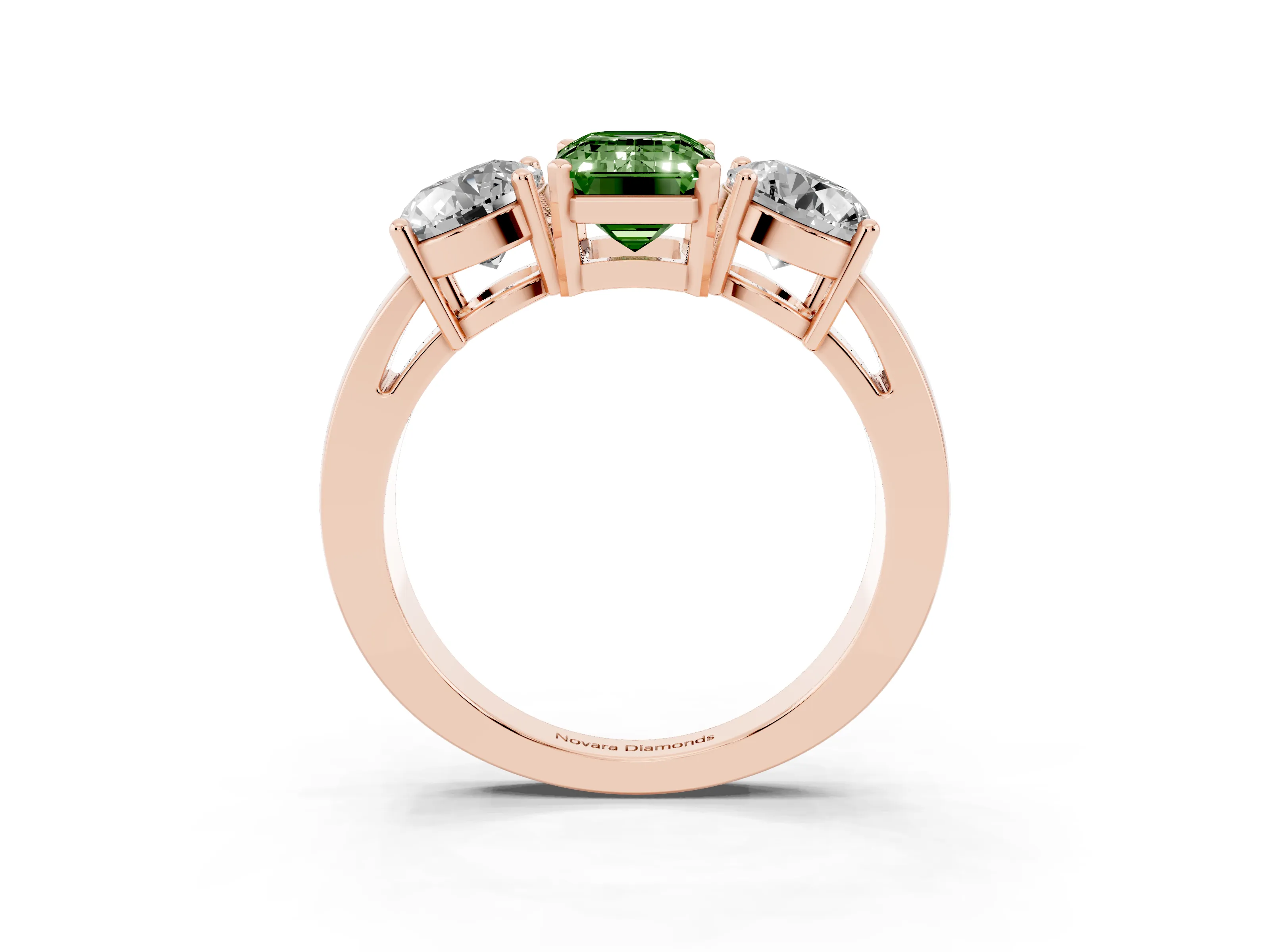 Fancy Green Emerald Cut Diamond Three-Stone Ring Set in Rose gold with Round Side Stones and Classic Band