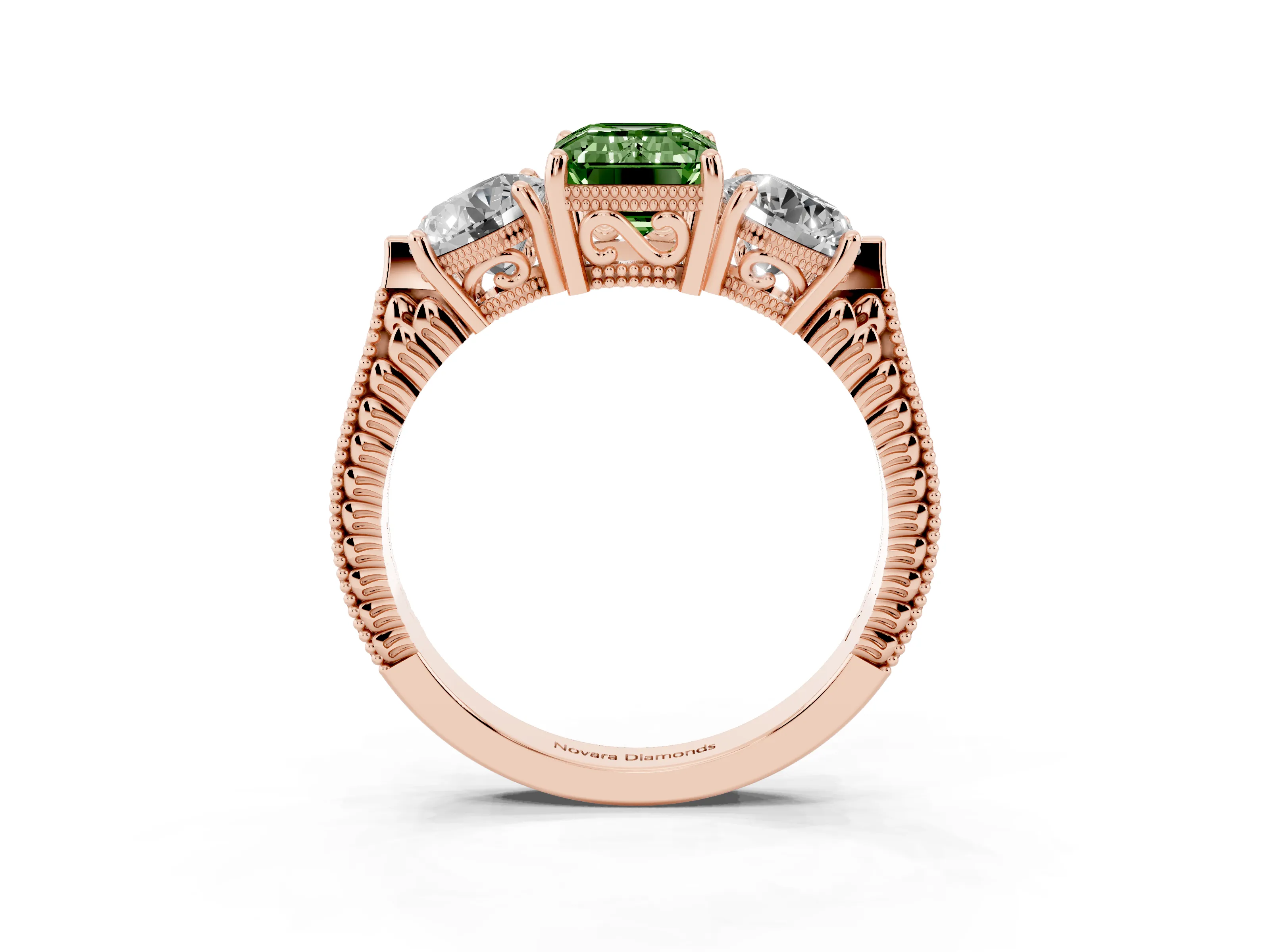 Fancy Green Emerald Cut Diamond Three-Stone Ring Set in Rose gold with Milgrain Band
