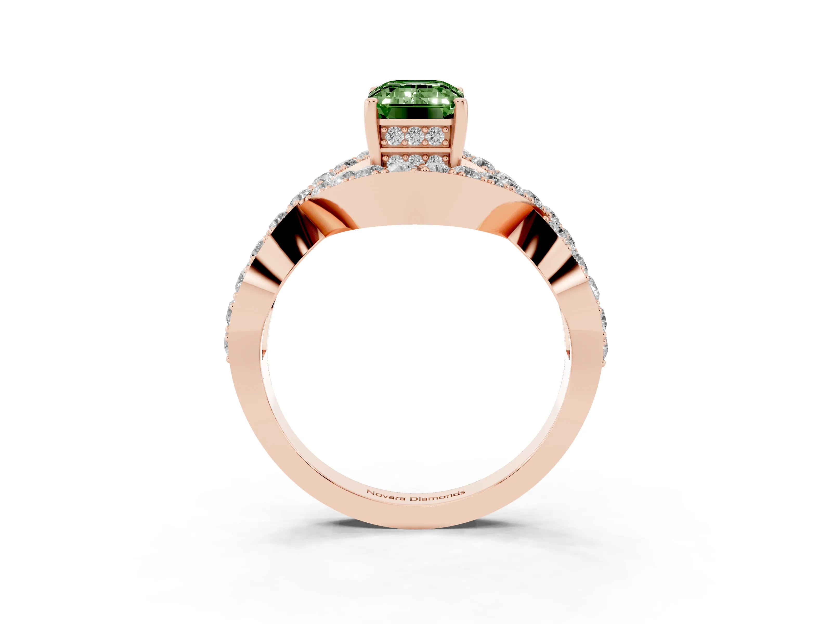 Fancy Green Emerald Cut Diamond Solitaire Twist Band Pavé Engagement Ring Set in Rose gold