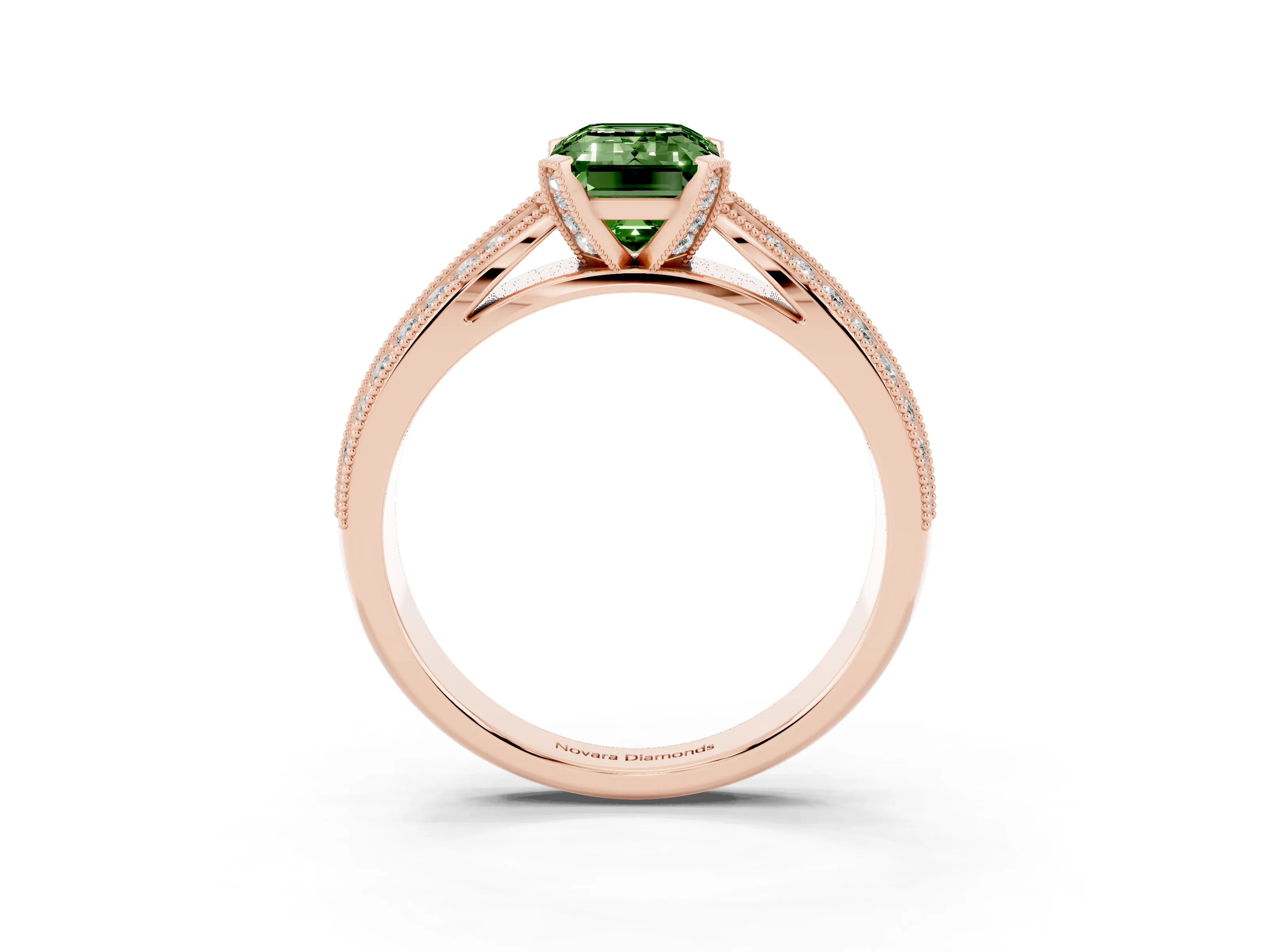 Fancy Green Emerald Cut Diamond Solitaire Ring Set in Rose gold with Milgrain Double Row Round Pavé Band