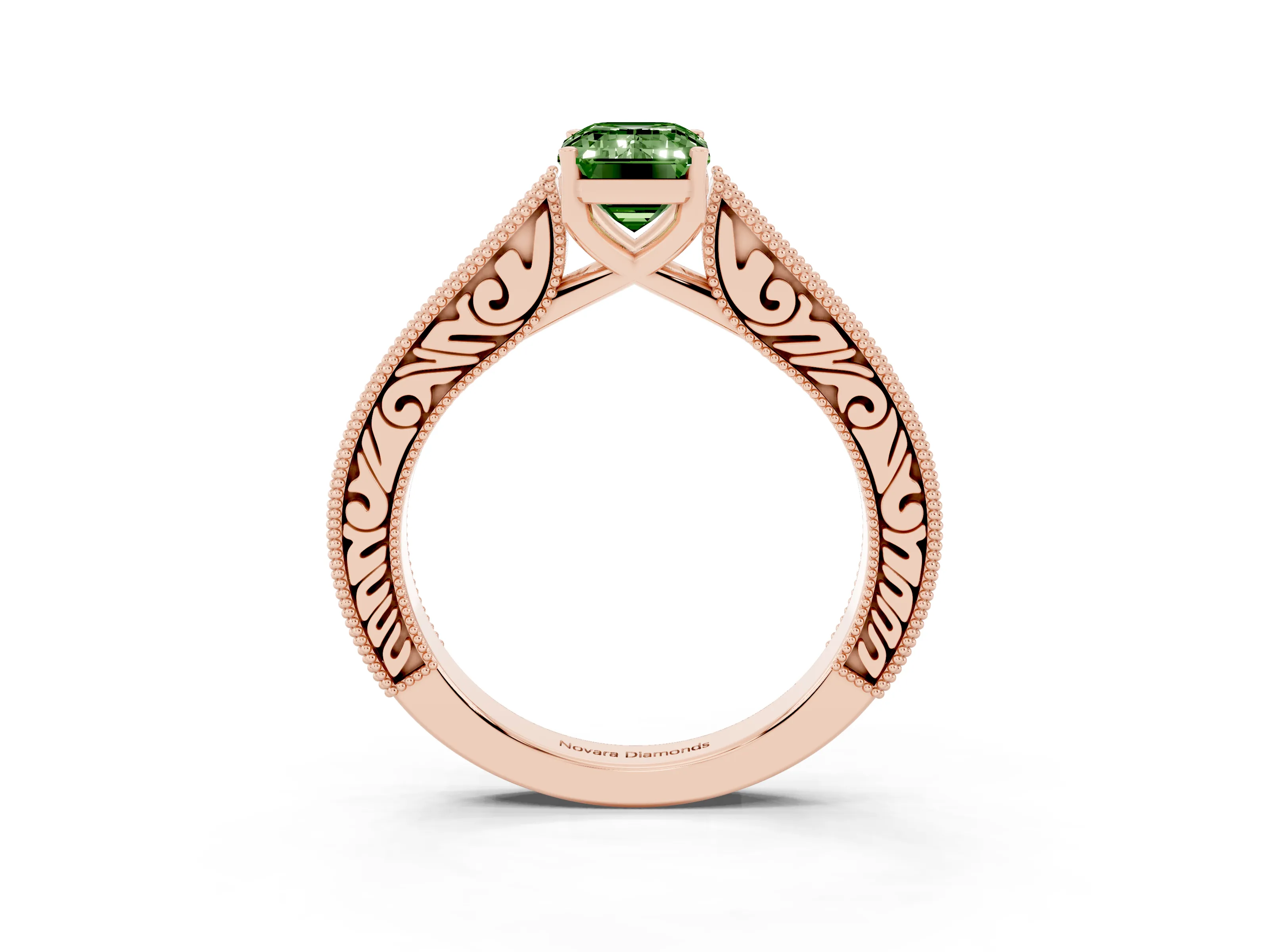 Fancy Green Emerald Cut Diamond Milgrain Pavé Band Solitaire Ring Set in Rose gold with Prong Setting