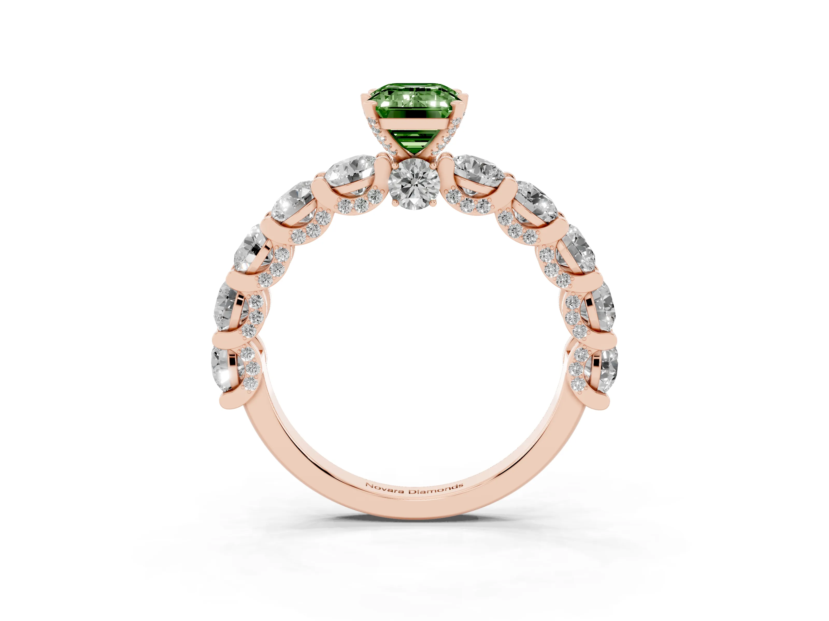 Fancy Green Emerald Cut Diamond Side Stone Ring Set in Rose gold with Alternating Round and Oval Side Stones