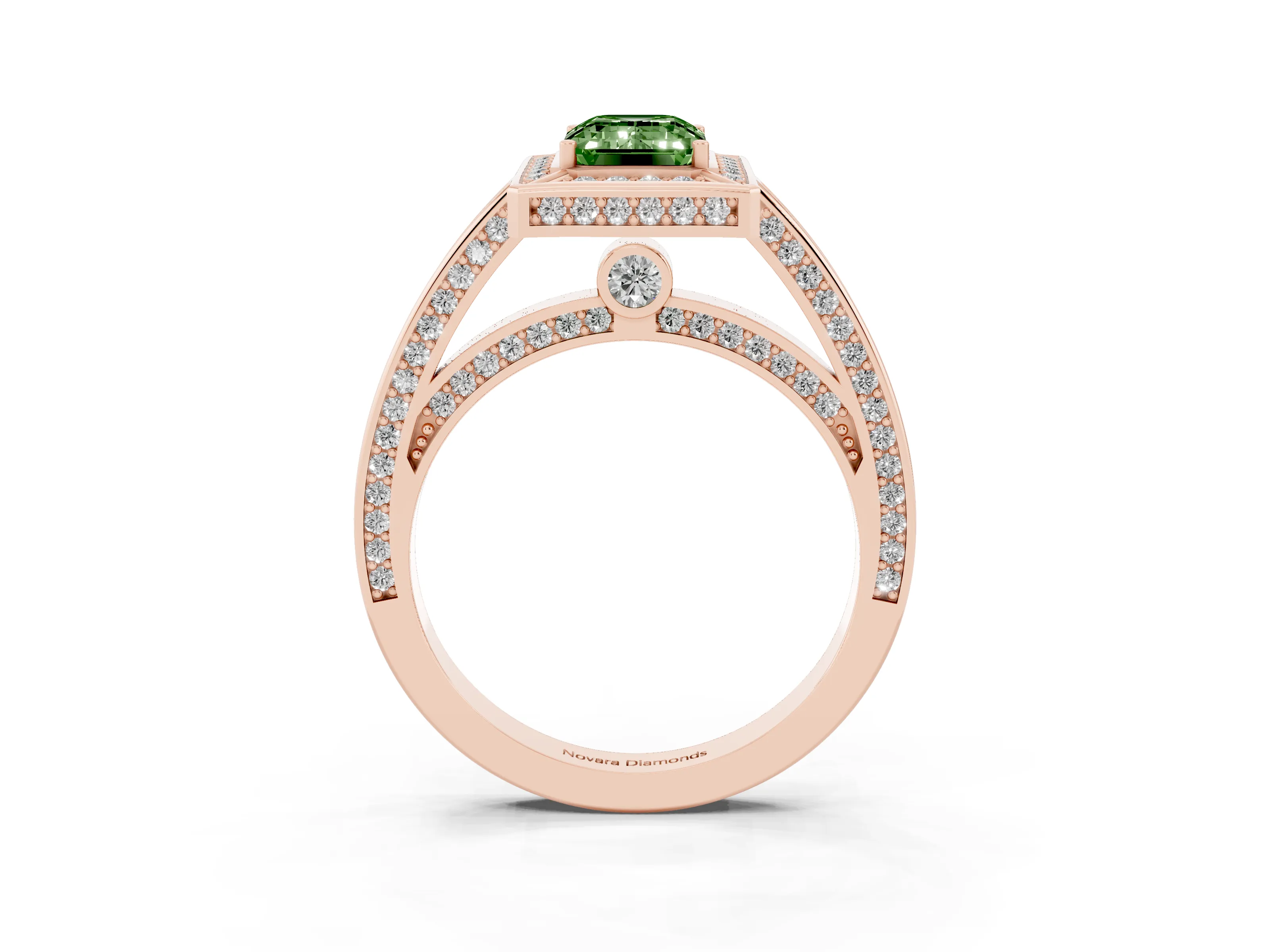 Fancy Green Emerald Cut Diamond Halo Pavé Split Shank Ring Set in Rose gold with Prong Setting