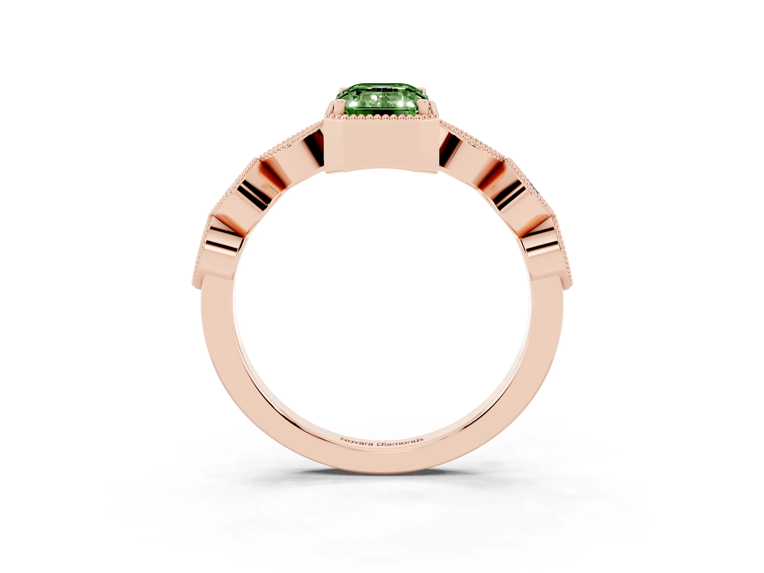 Fancy Green Emerald Cut Diamond Vintage-Inspired Milgrain Ring Set in Rose gold with Marquise Stations of Round Accents