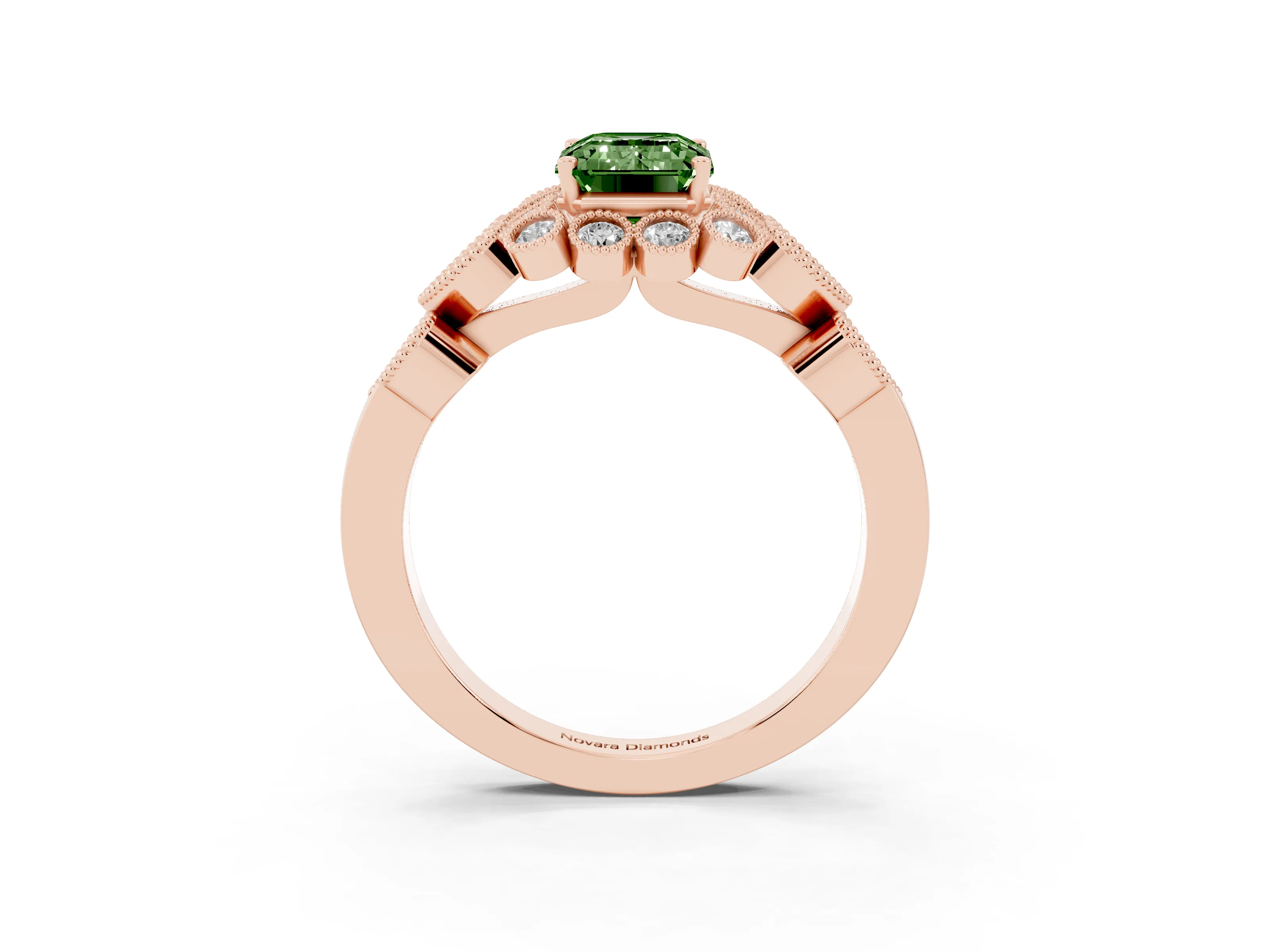 Fancy Green Emerald Cut Diamond Solitaire Ring Set in Rose gold with Milgrain Pavé Heart Band