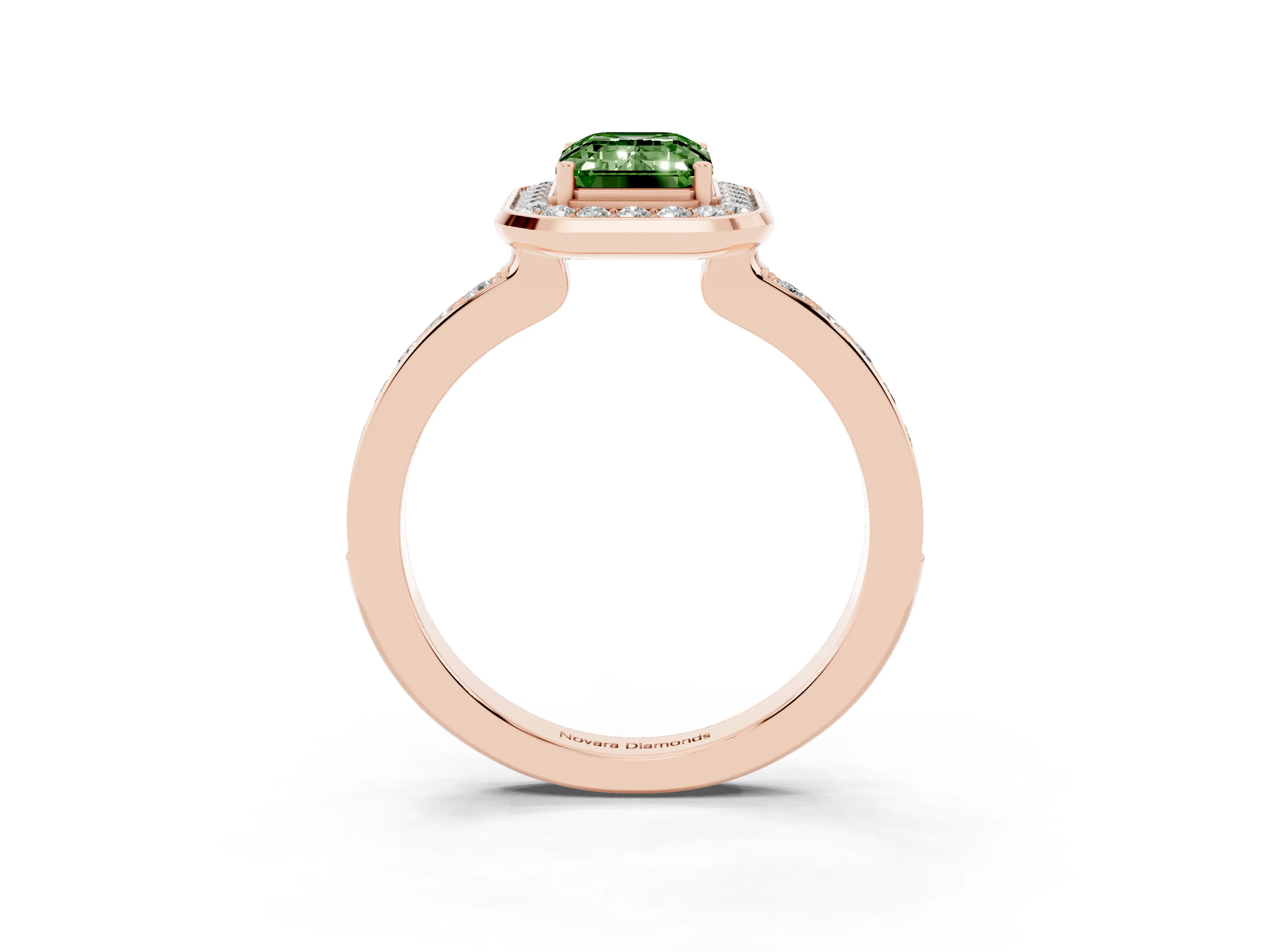 Fancy Green Emerald Cut Diamond Halo Ring Set in Rose gold with Bezel Frame and Pavé Band