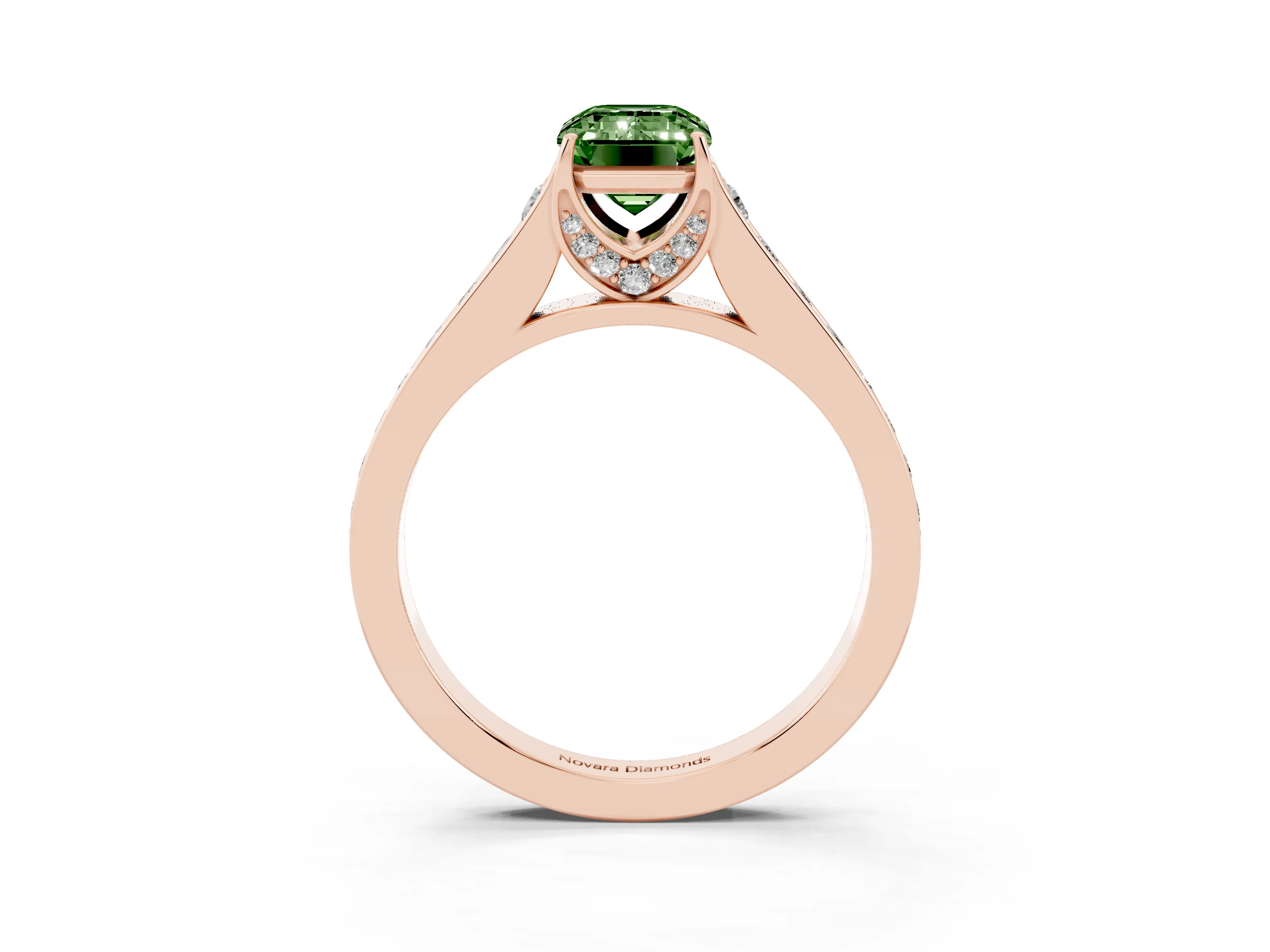Fancy Green Emerald Cut Diamond Solitaire Pavé Engagement Ring Set in Rose gold with Prong Setting