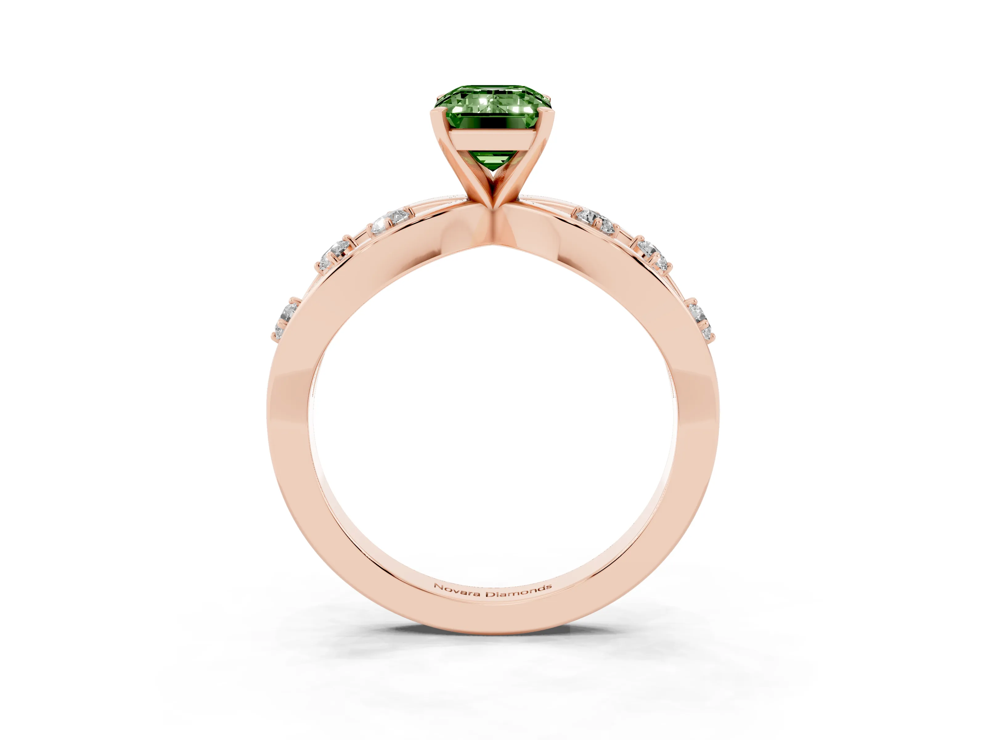 Fancy Green Emerald Cut Diamond Solitaire Ring Set in Rose gold with Side Stones on Criss-Cross Band and Prong Setting