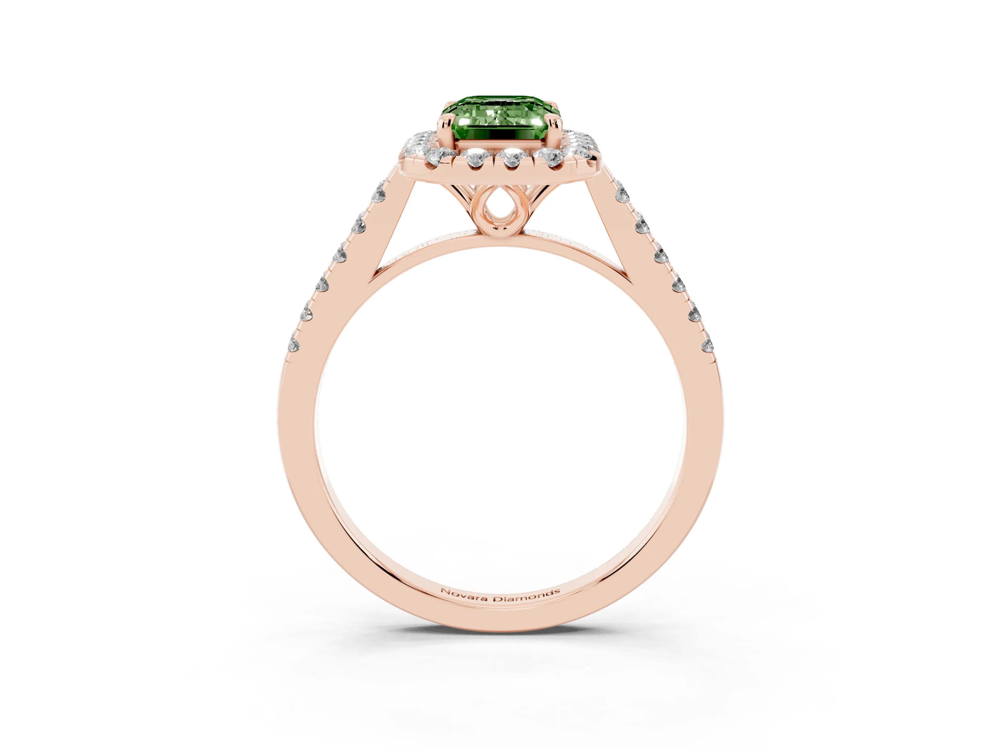 Fancy Green Emerald Cut Diamond Pavé Halo Engagement Ring Set in Rose gold with Pavé Band and Prong Setting