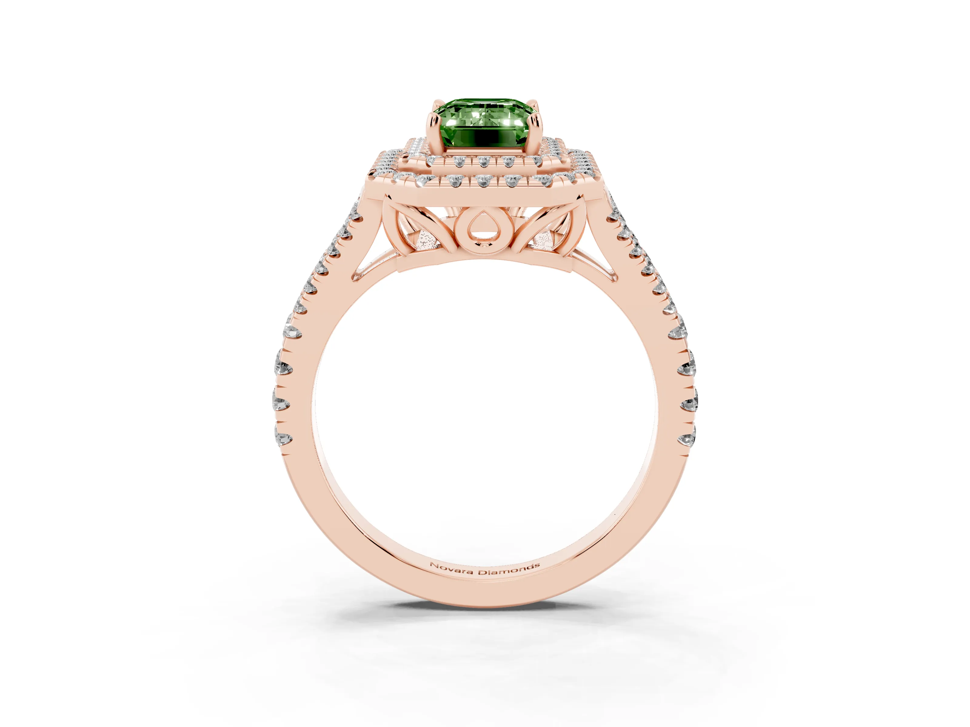 Fancy Green Emerald Cut Diamond Double Halo Ring Set in Rose gold with Pavé Band