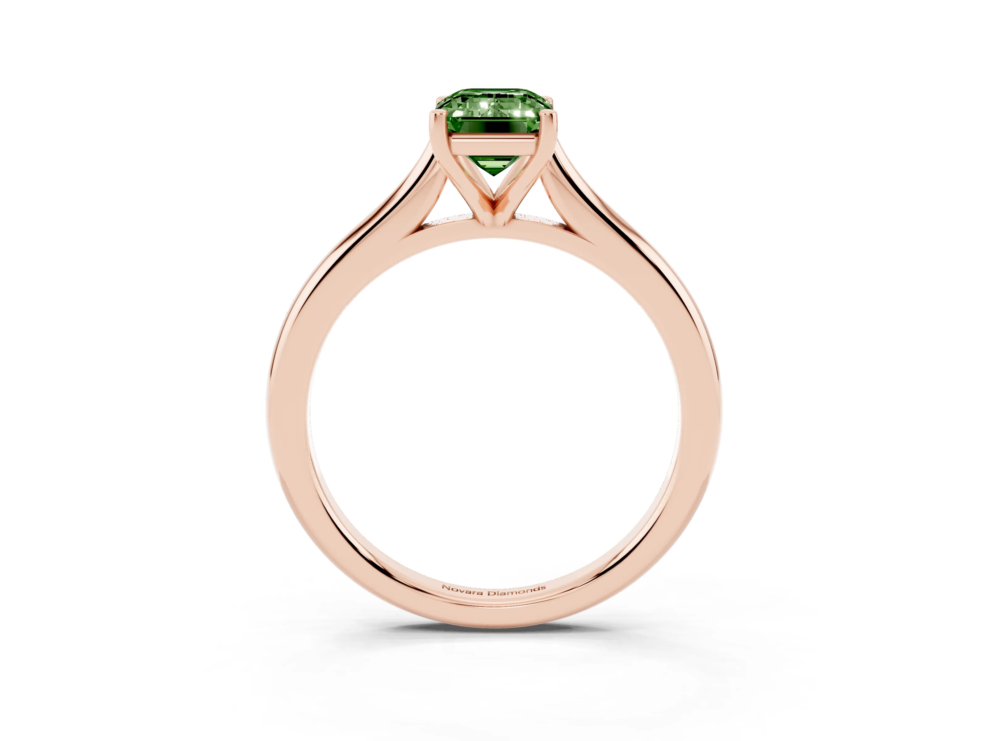 Fancy Green Emerald Cut Diamond Solitaire Ring Set in Rose gold with Cathedral Band and Prong Setting