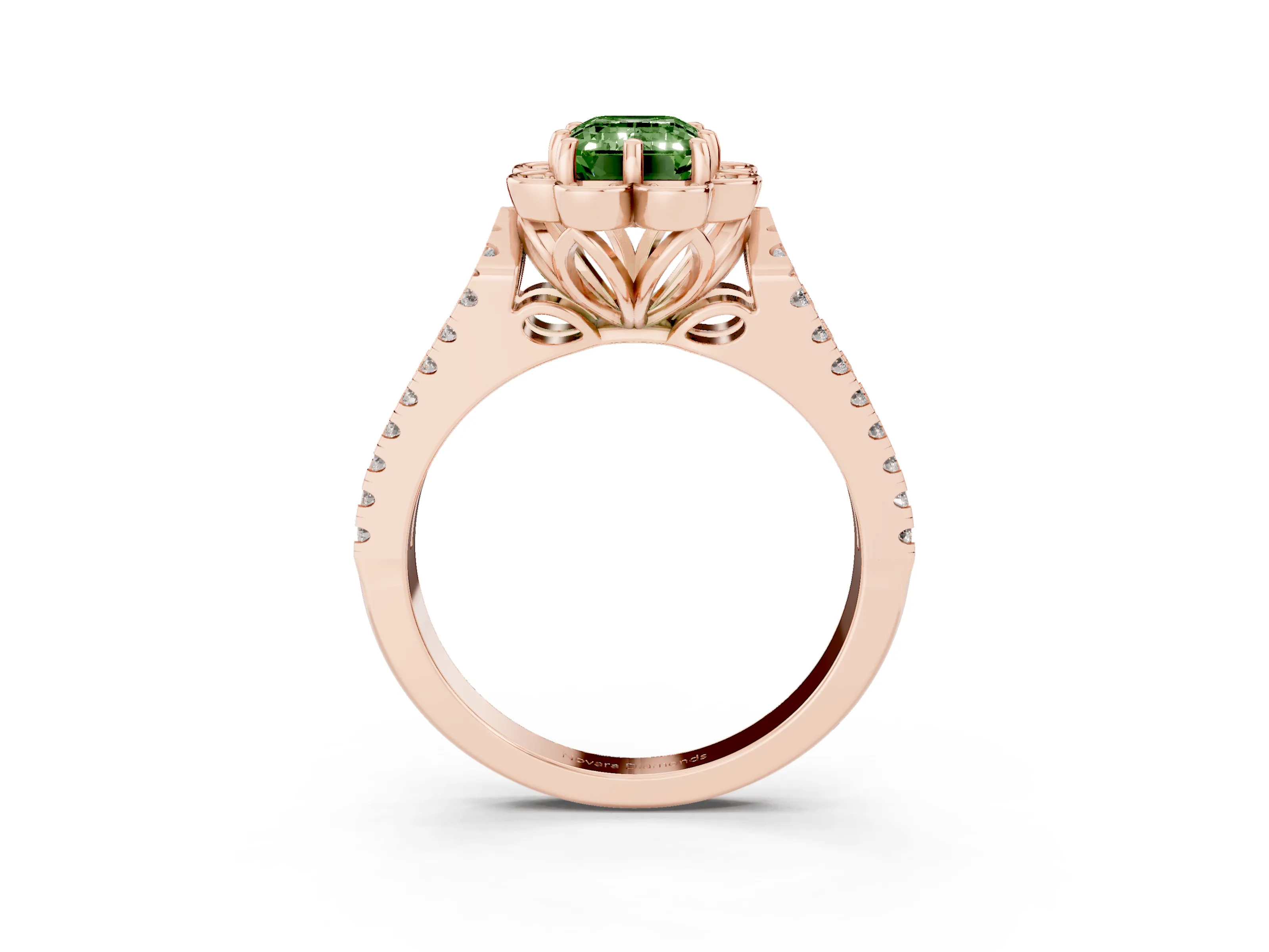 Fancy Green Emerald Cut Diamond Floral Halo Split Shank Engagement Ring Set in Rose gold with Pavé Shank