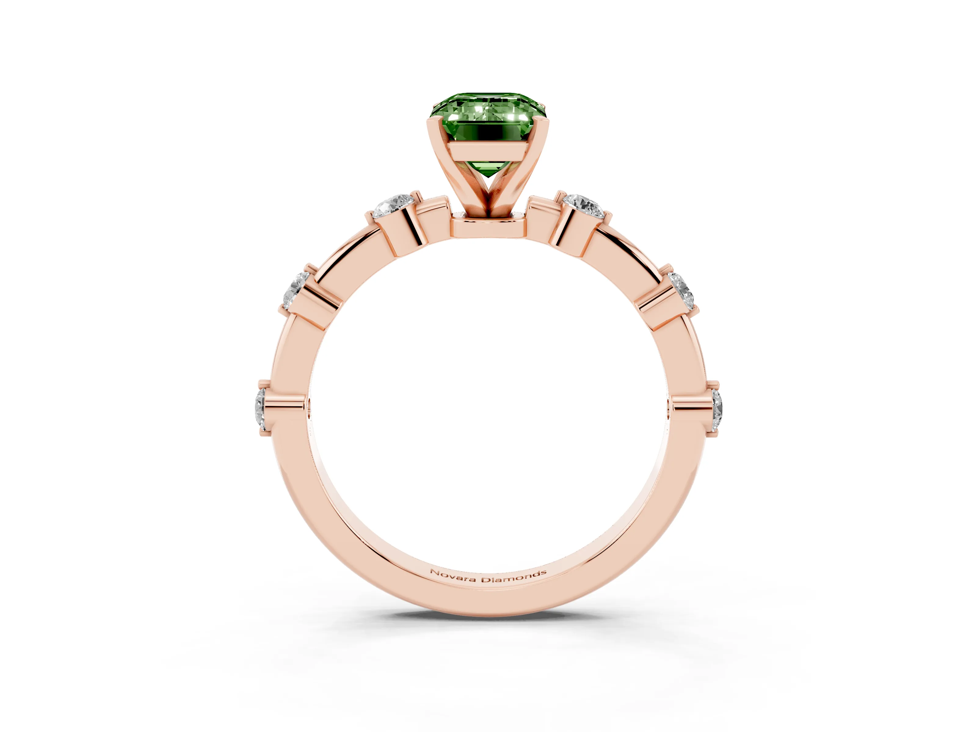 Fancy Green Emerald Cut Diamond Solitaire Ring Set in Rose gold with Bezel Set Side Stones and Prong Setting